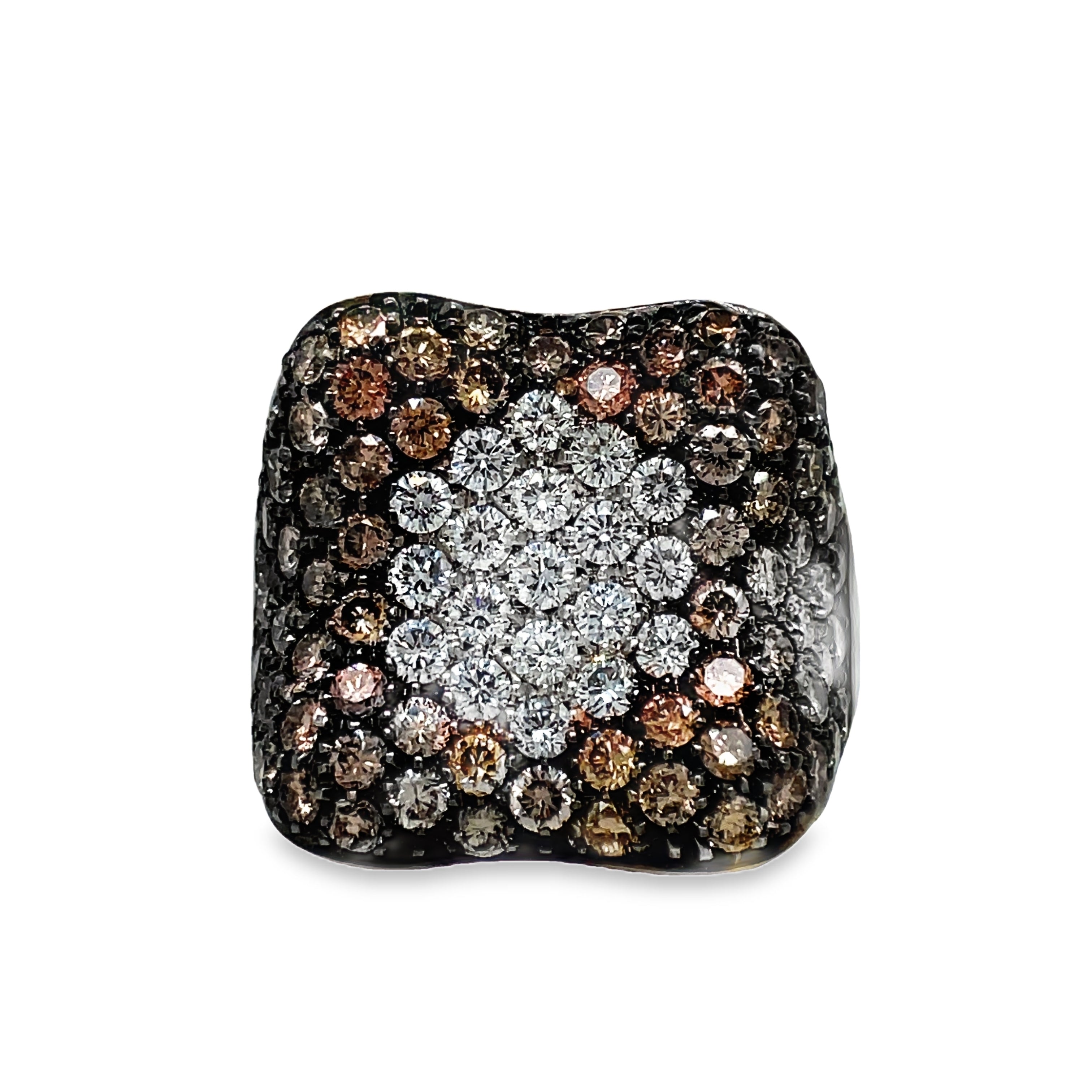 Indulge in the ultimate luxury with our Italian-made Black and White Diamond Pave Cocktail Wide White Gold Ring. Crafted from 18k white gold and adorned with 3.23 cts of black round diamonds and 0.62 cts of white round diamonds, this wide fashion ring exudes sophistication. Don't settle for ordinary, make a statement with our stunning pave set design.