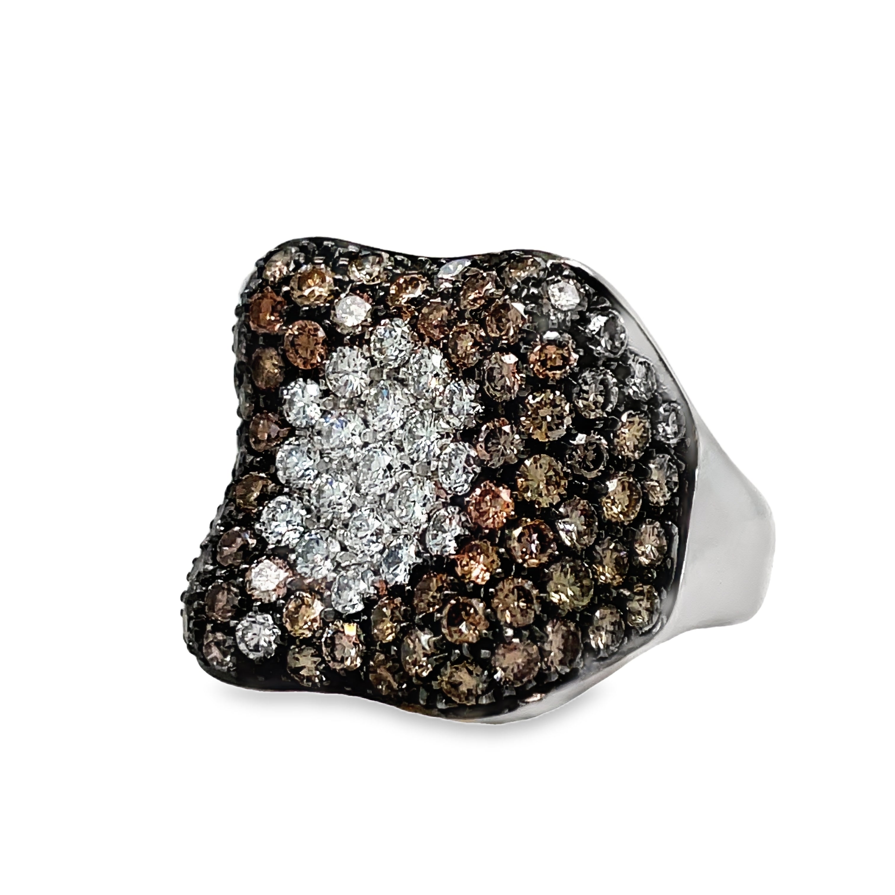 Indulge in the ultimate luxury with our Italian-made Black and White Diamond Pave Cocktail Wide White Gold Ring. Crafted from 18k white gold and adorned with 3.23 cts of black round diamonds and 0.62 cts of white round diamonds, this wide fashion ring exudes sophistication. Don't settle for ordinary, make a statement with our stunning pave set design.