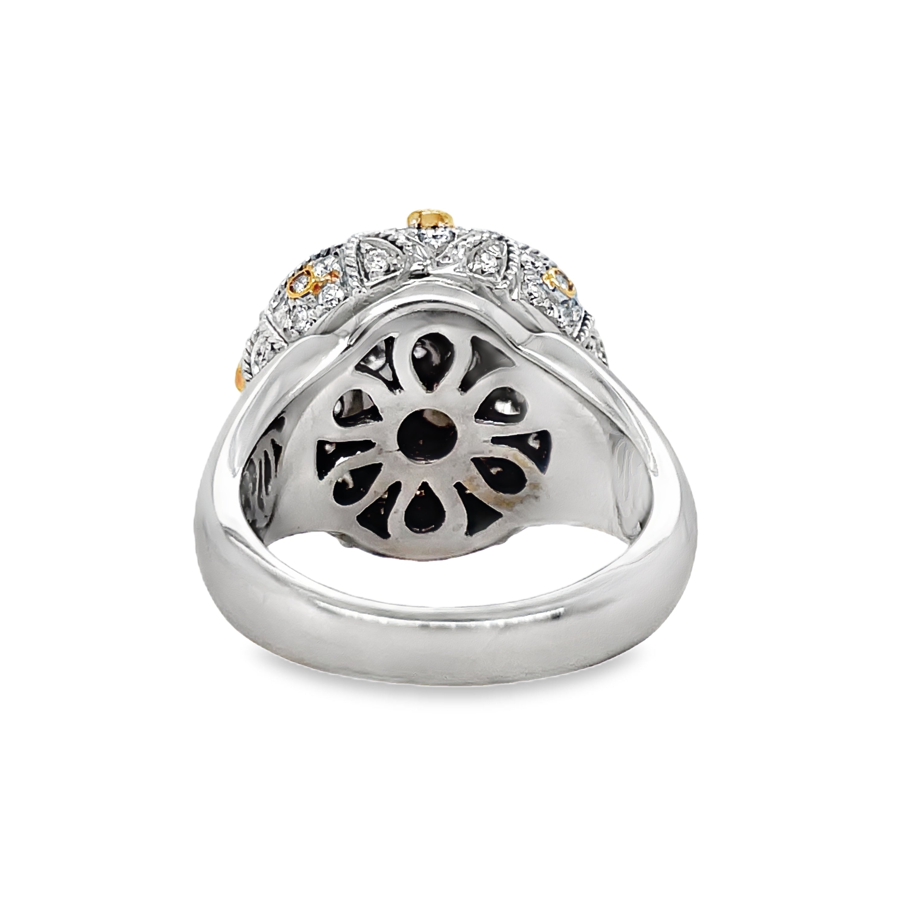 ndulge in luxury and sophistication with our 18K Two Tone Gold Italian Modern Brushed &amp; Hand Engraved Round Ring. The perfect combination of 18k white and yellow gold, hand engraved details, and 12 sparkling round diamonds bezel set in yellow gold. Its gallery finish and wide 18.00 mm band make it a true work of art for your finger. Elevate your style with this exclusive piece.