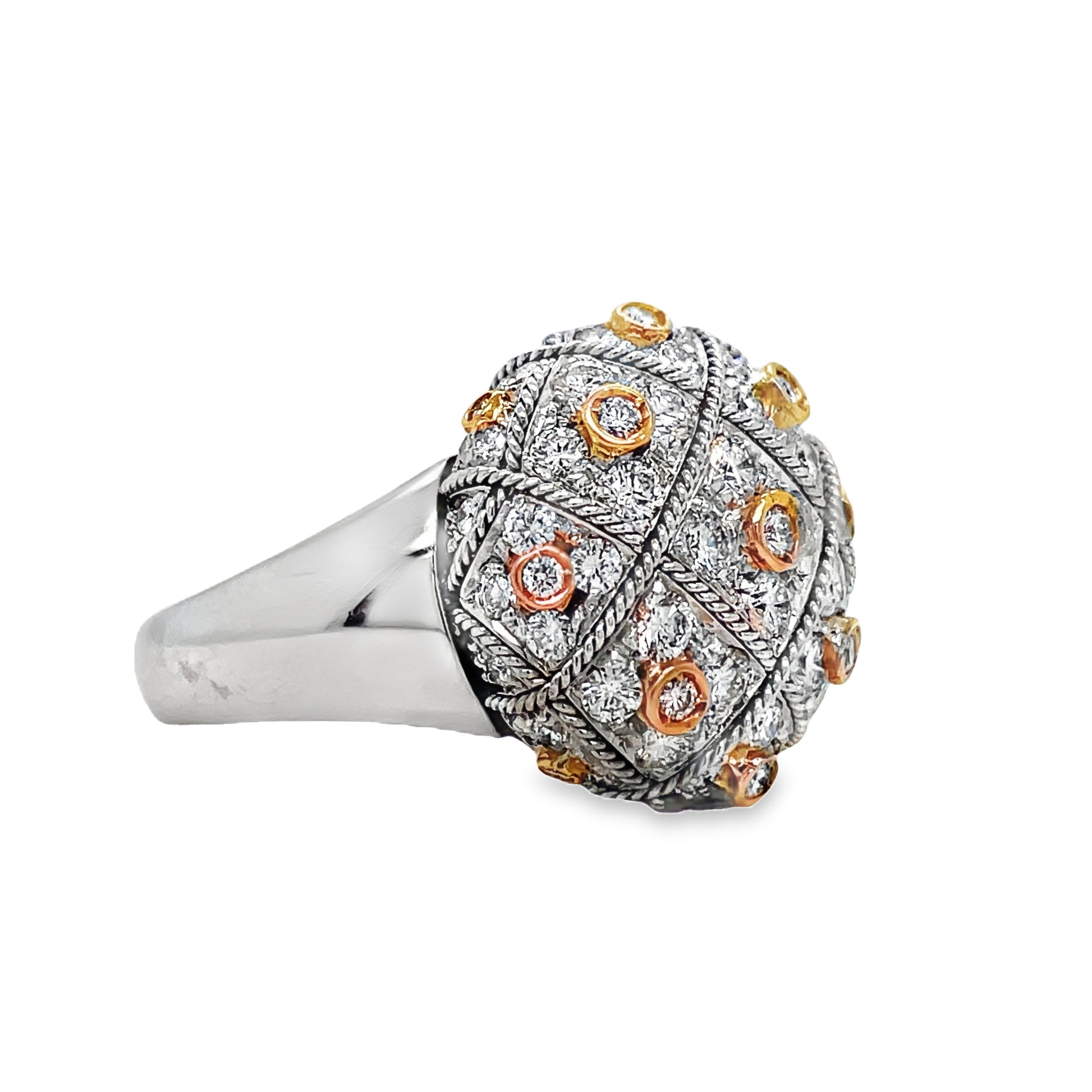 18K Two Tone Gold Italian Modern Brushed & Hand Engraved Round Ring Side view