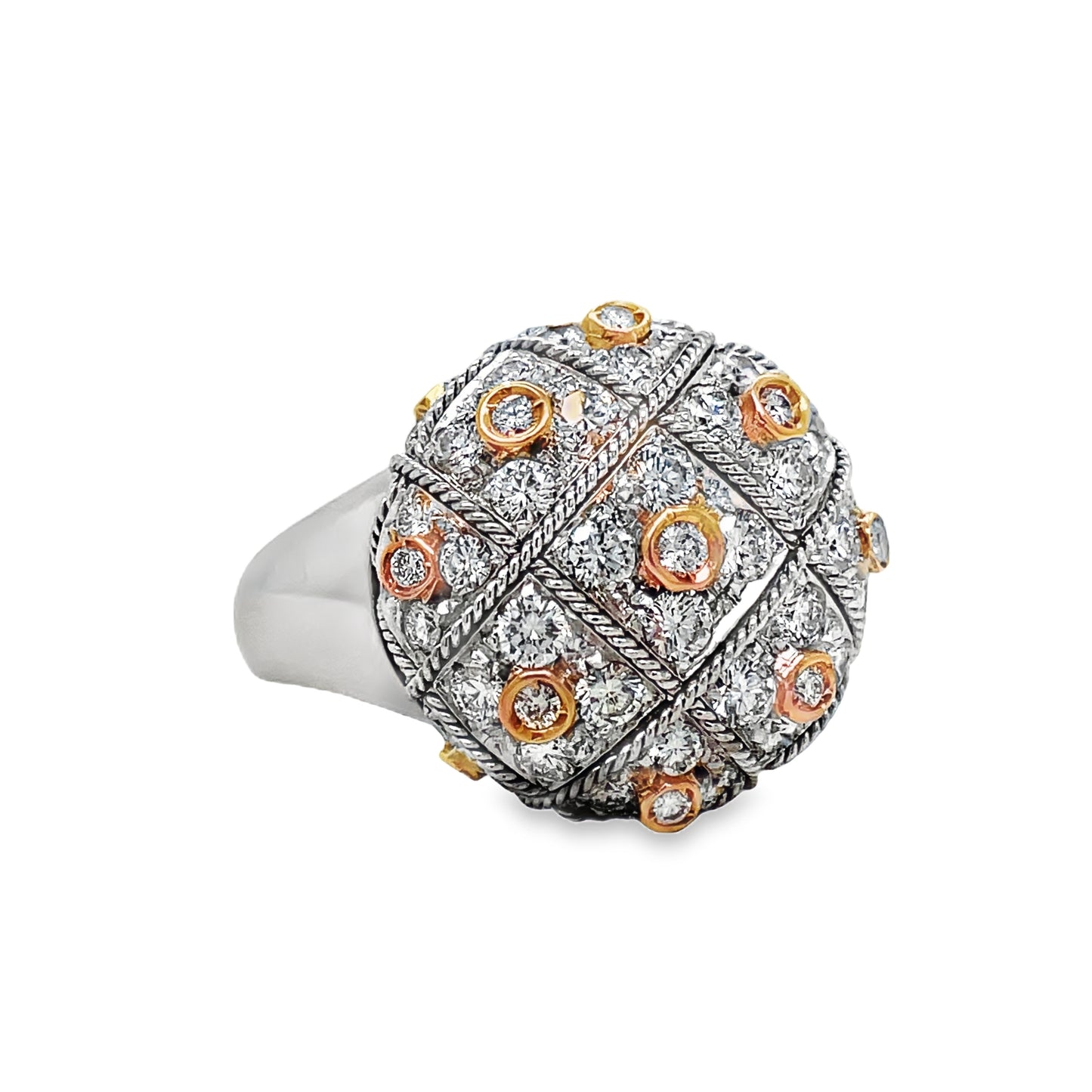 18K Two Tone Gold Italian Modern Brushed & Hand Engraved Round Ring Side View