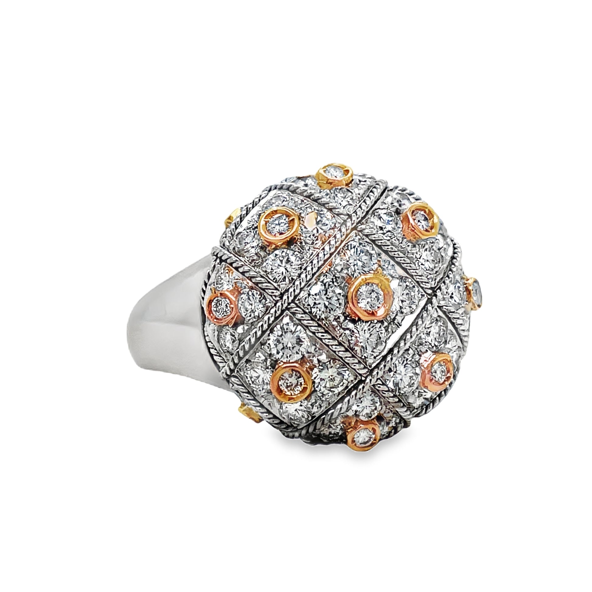 18K Two Tone Gold Italian Modern Brushed & Hand Engraved Round Ring Side View