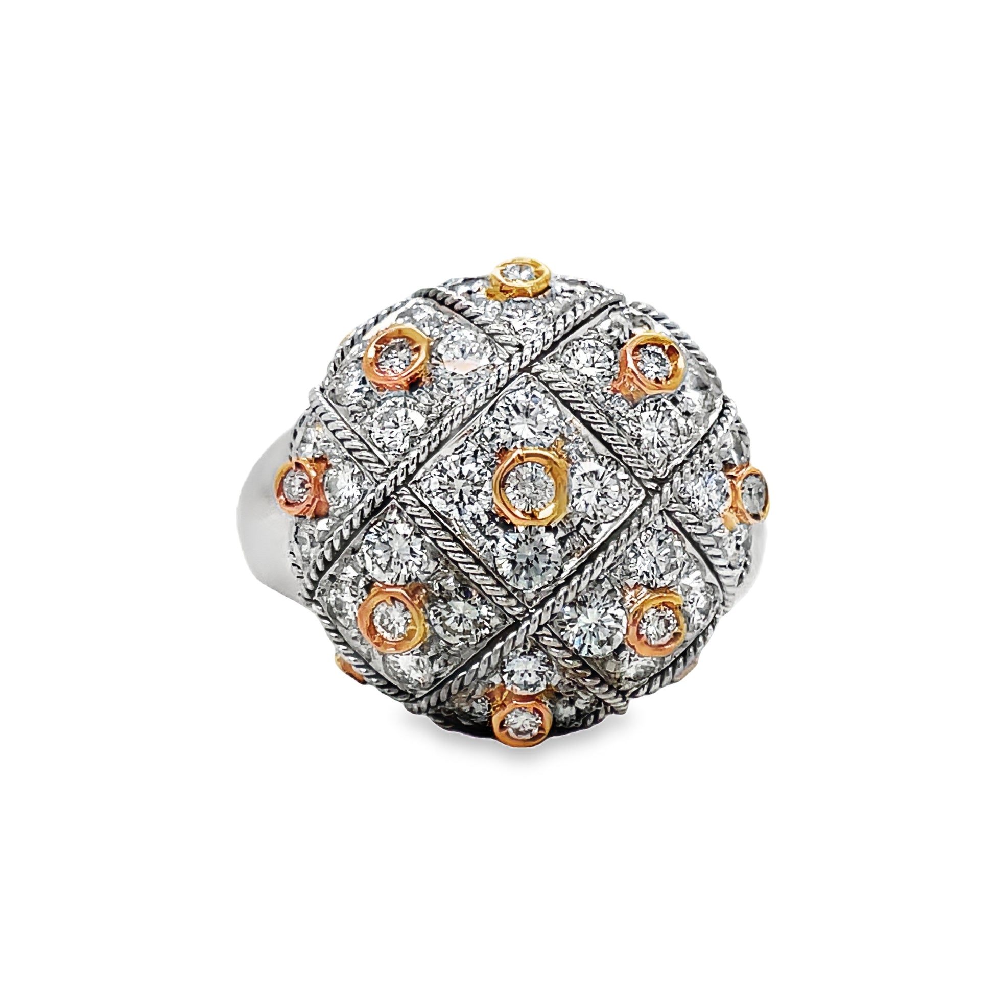 18K Two Tone Gold Italian Modern Brushed & Hand Engraved Round Ring Front view