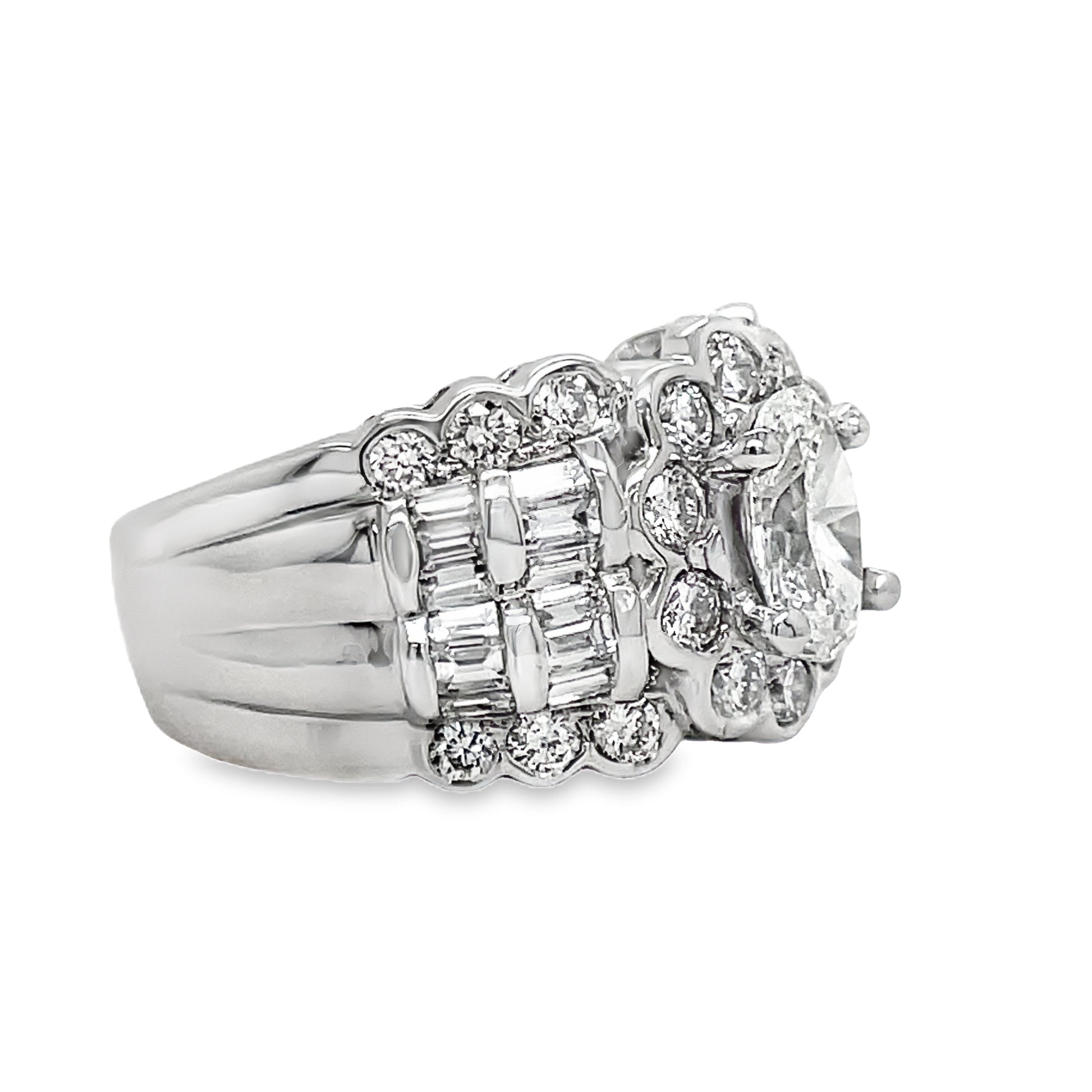 Estate Engagement Ring Round and Baguette Diamonds Side View