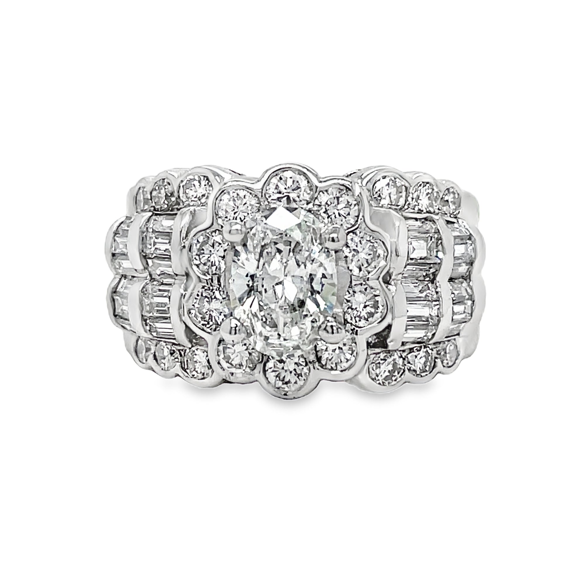 Estate Engagement Ring Round and Baguette Diamonds Front View