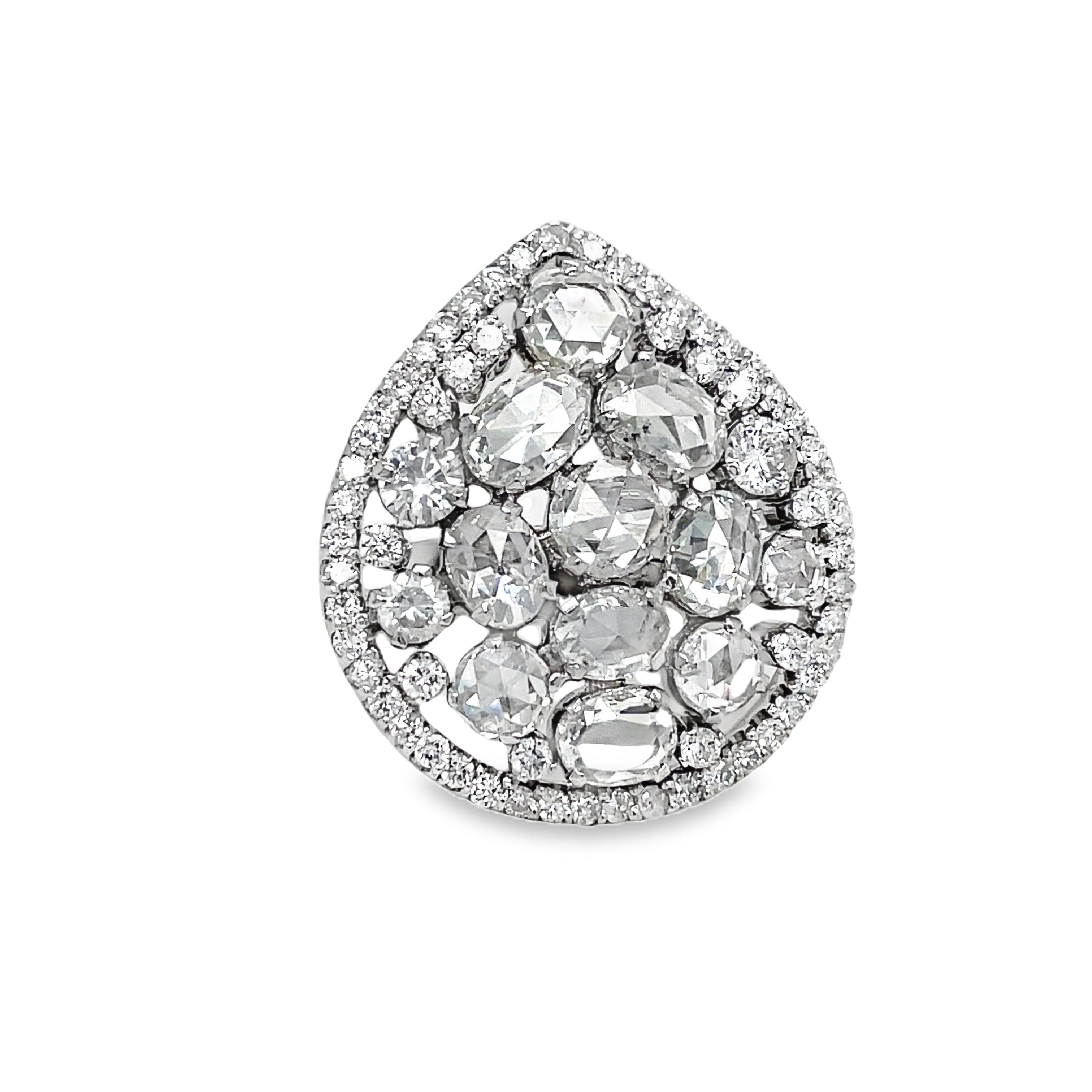 ndulge in timeless elegance with our Rose Cut Diamond Cluster &amp; Round Diamond Ring. Crafted with exquisite rose cut and round diamonds totaling 5.30 carats, this pear-shaped ring is the epitome of luxury. Set in 18k white gold, it's the perfect accessory for any special occasion.