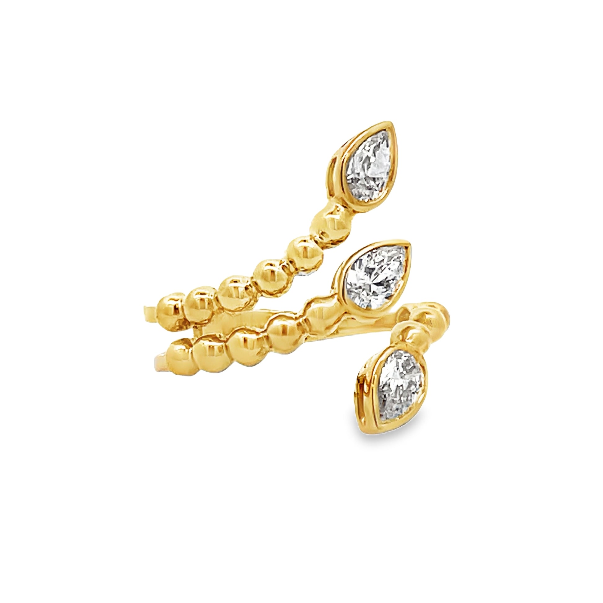 Side view of 18k Yellow Gold Triple Pear Shape Layered Diamond Wrap Ring