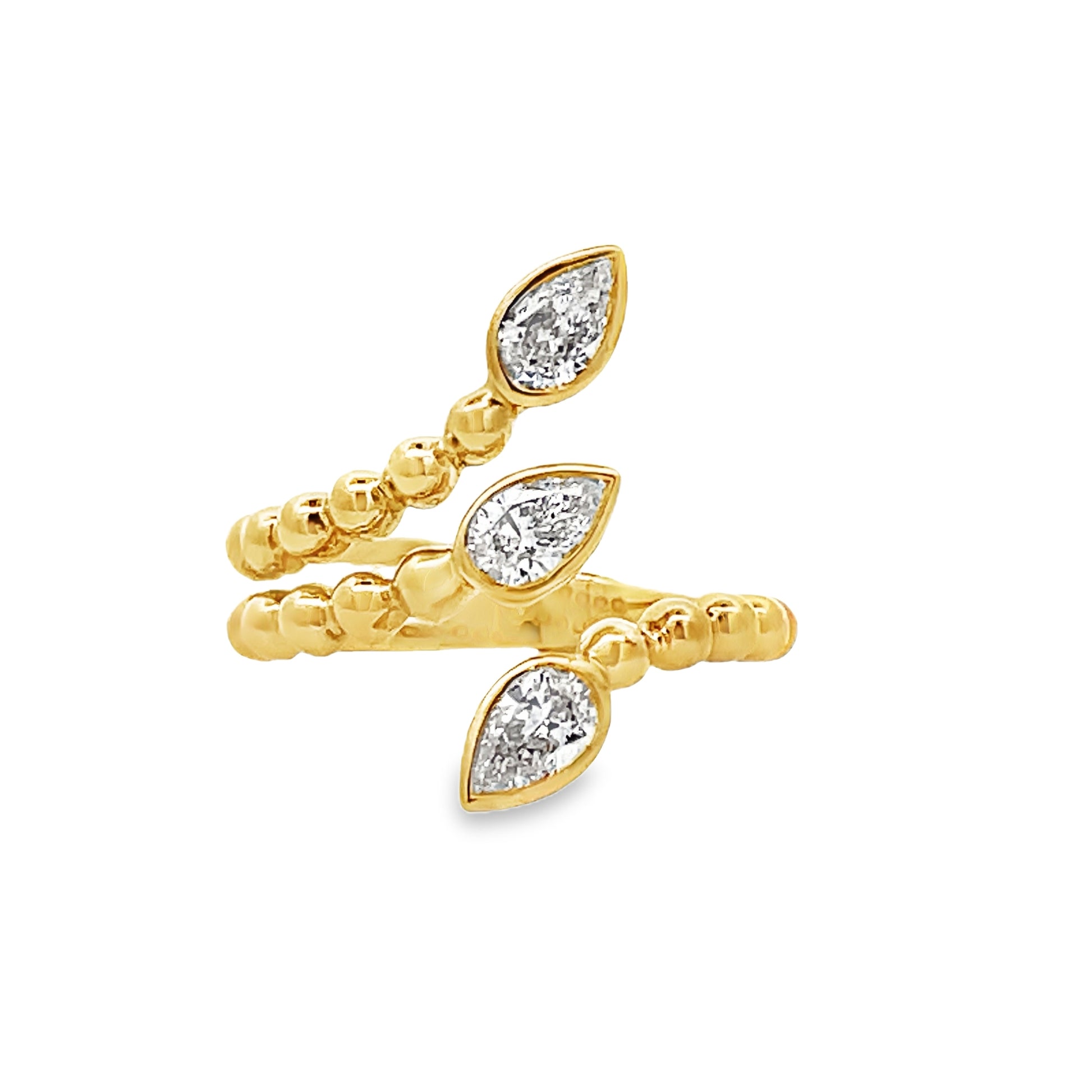 Front view of 18k Yellow Gold Triple Pear Shape Layered Diamond Wrap Ring