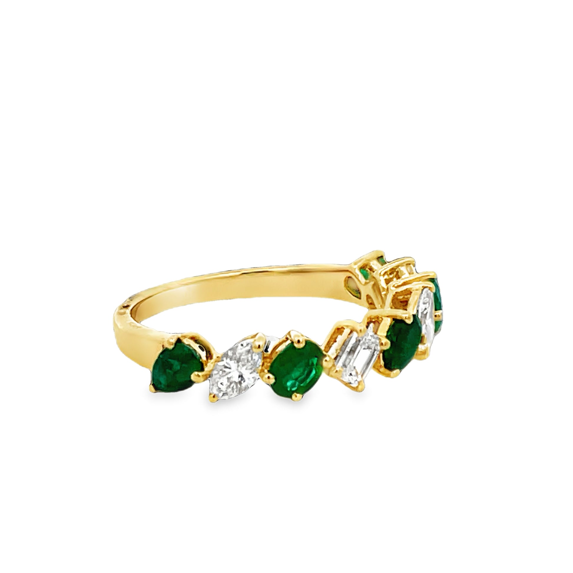 Side view of 18k Yellow Gold Pear Shape Emerald Cut and Marquise Diamond Ring
