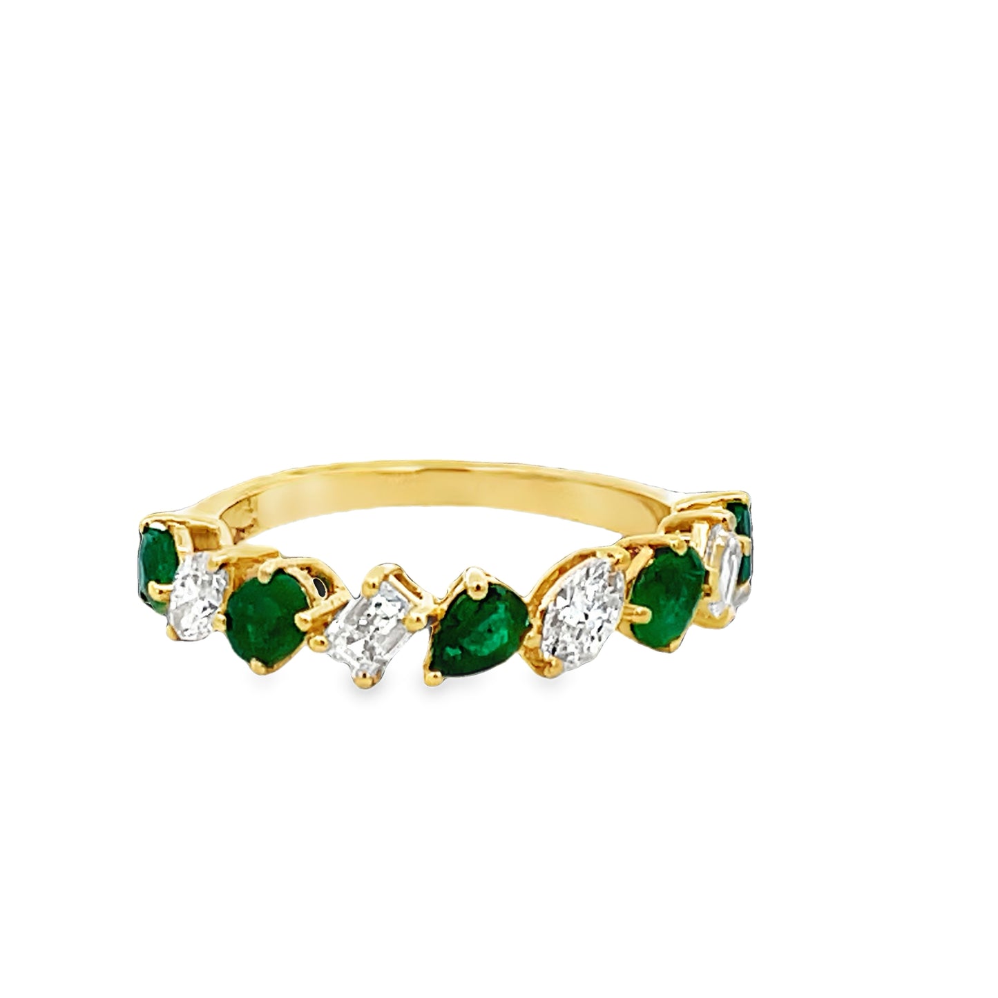 Front view of 18k Yellow Gold Pear Shape Emerald Cut and Marquise Diamond Ring