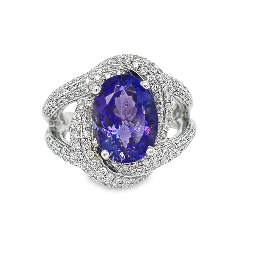 Large Oval Shape Tanzanite & Diamond Fashion Ring Front view 