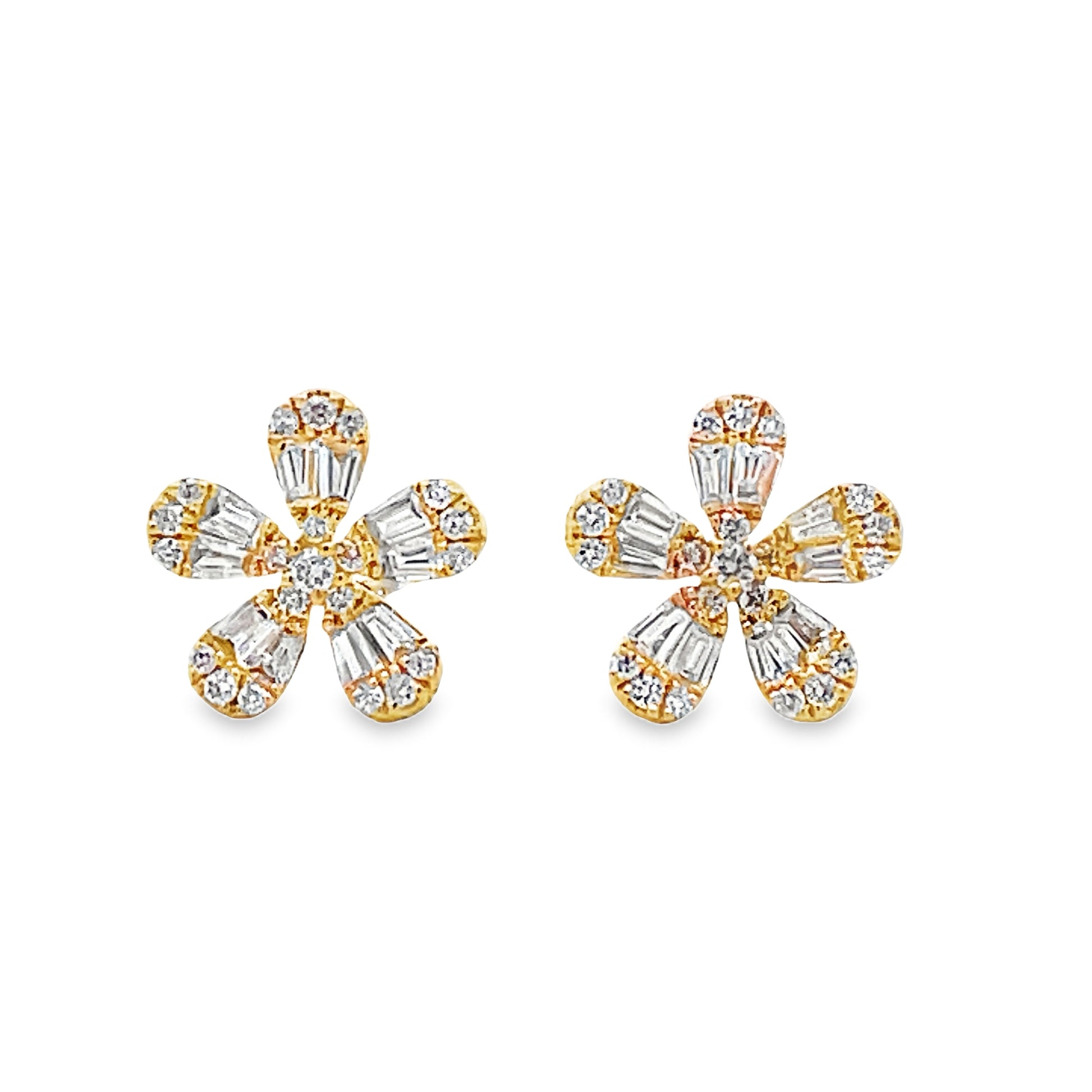 Front view of 18K Yellow Gold Small Five Petal Flower Diamond Stud Earrings 0.58 cts