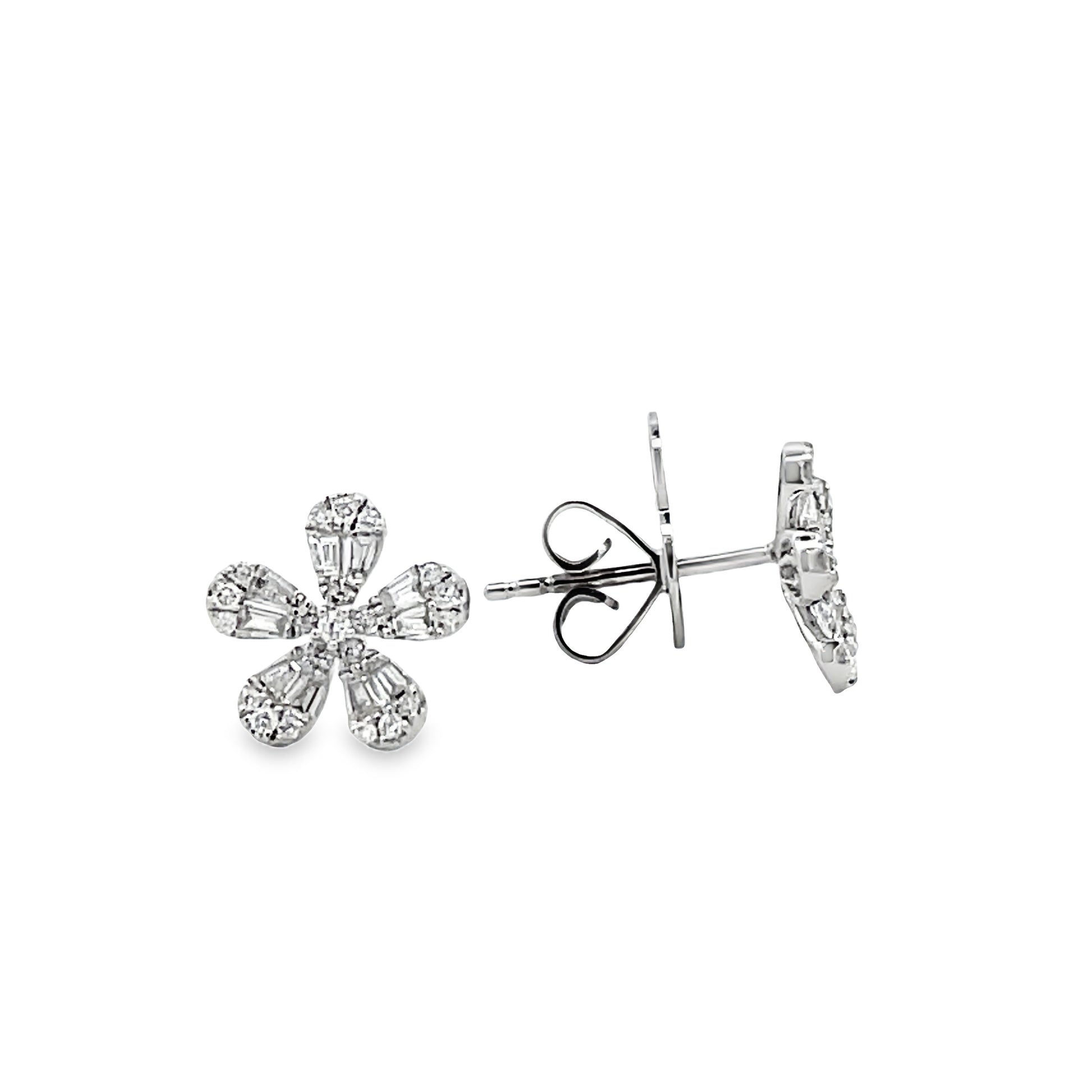 Front and side view of 18K White Gold Small Five Petal Flower Diamond Stud Earrings 0.58 cts 