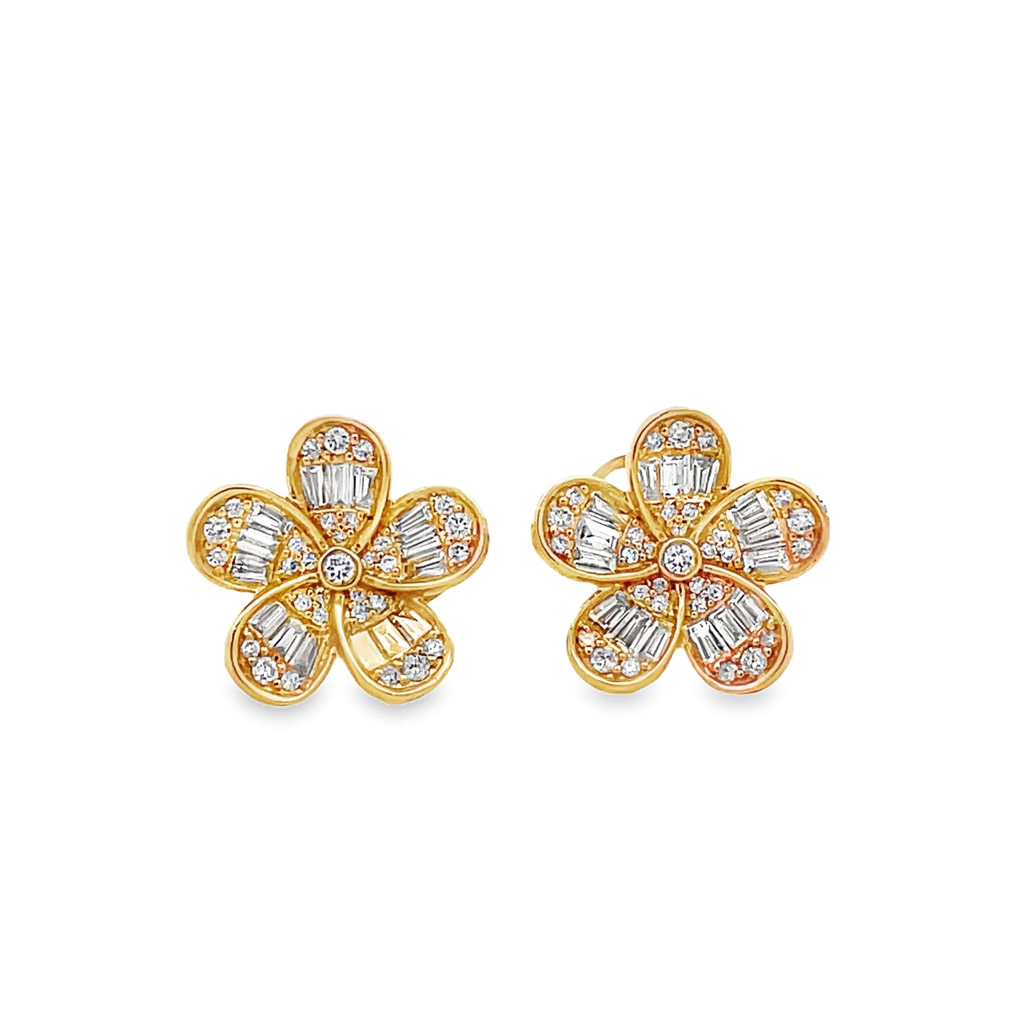 Front view of 18K Yellow Gold Five Petal Flower Diamond Stud Earrings