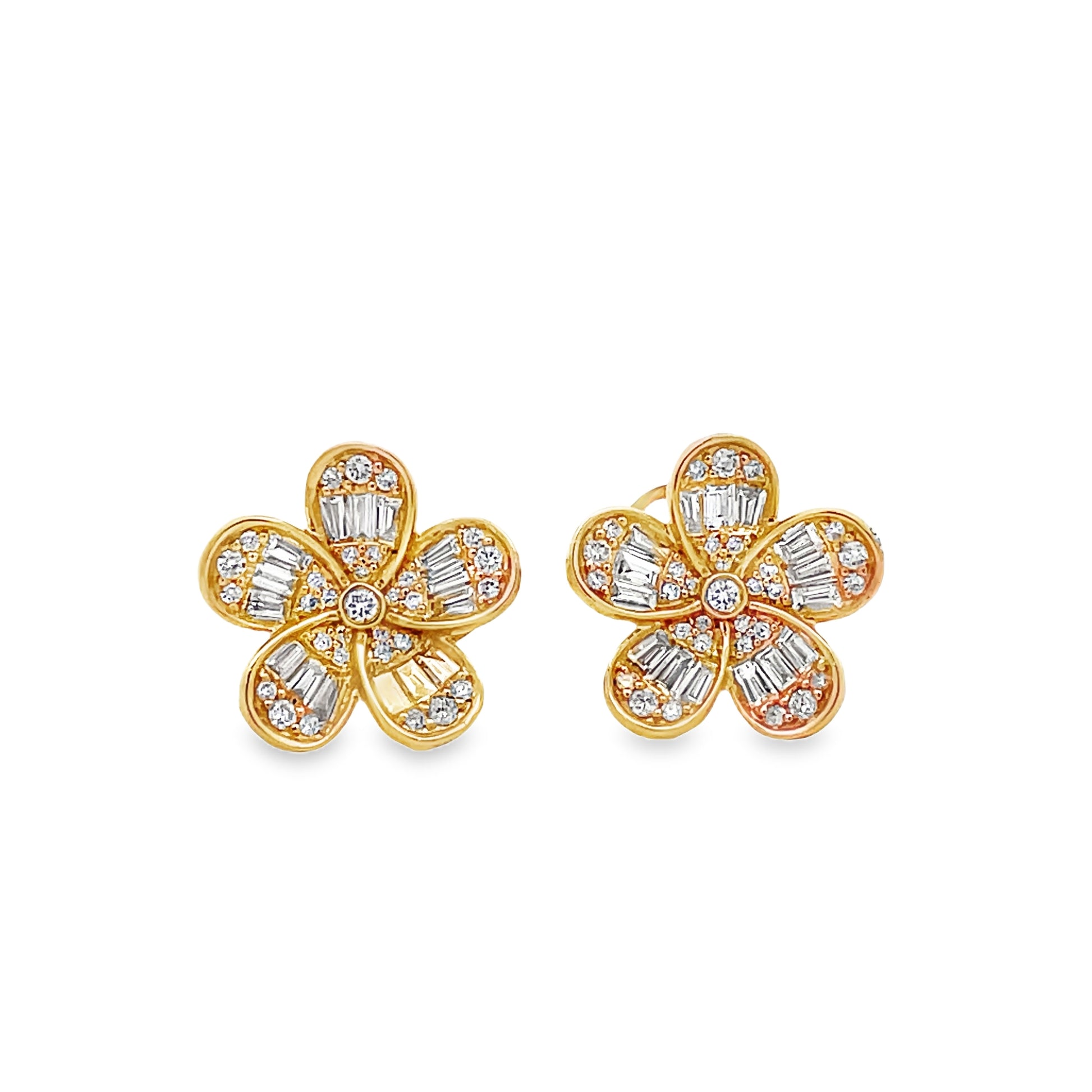 Front view of 18K Yellow Gold Five Petal Flower Diamond Stud Earrings