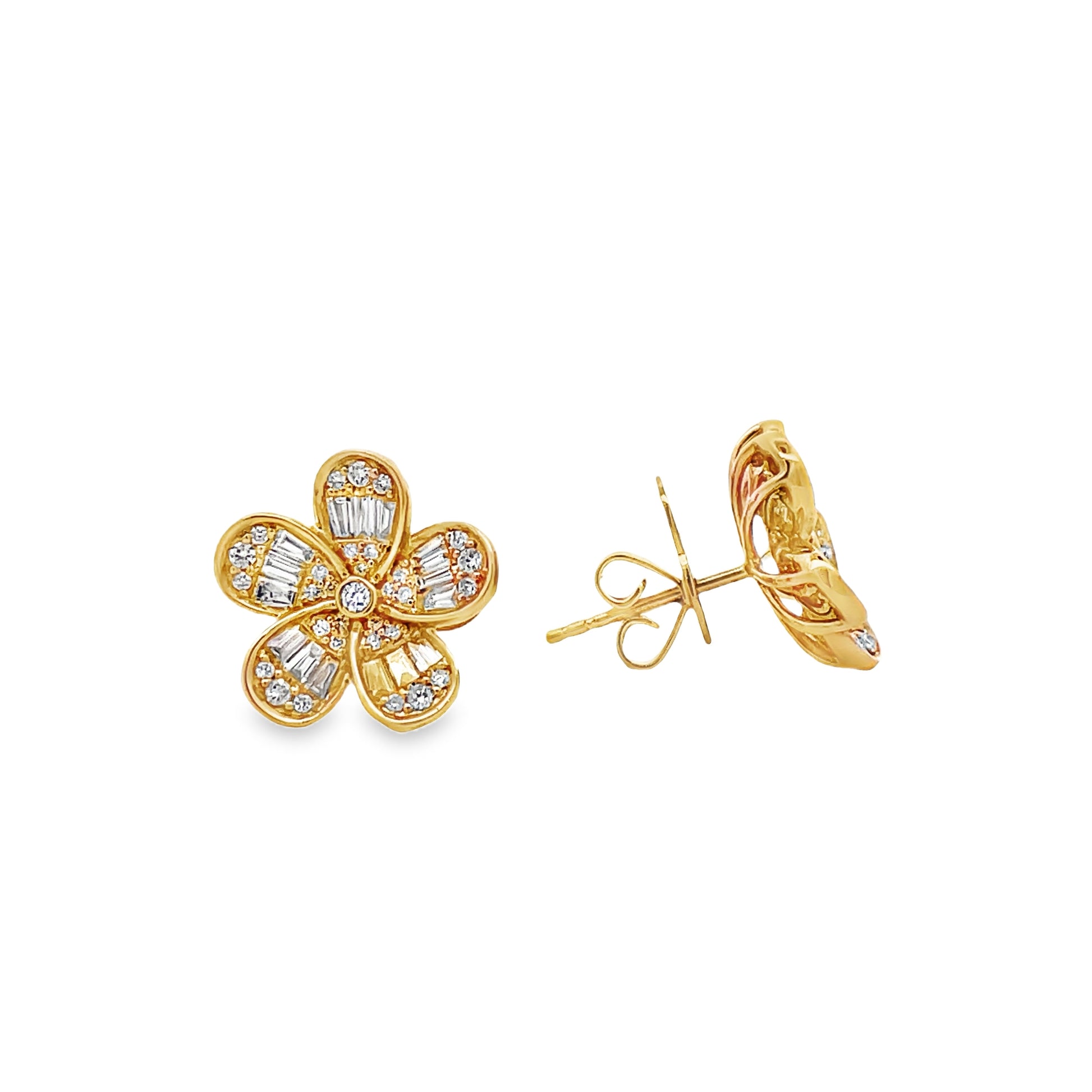 Front and side view of 18K Yellow Gold Five Petal Flower Diamond Stud Earrings