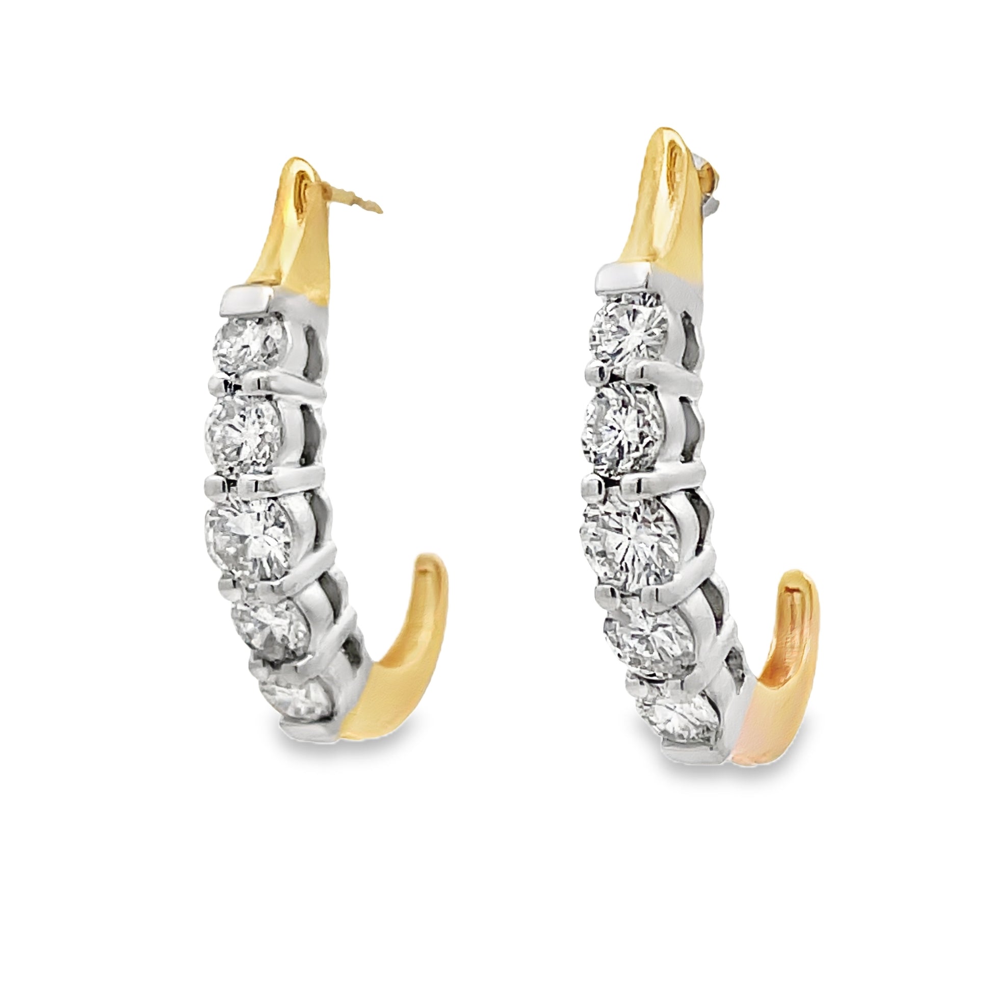 Side view of Two Tone Diamond Sleek Hoop Earrings 1.50 cts