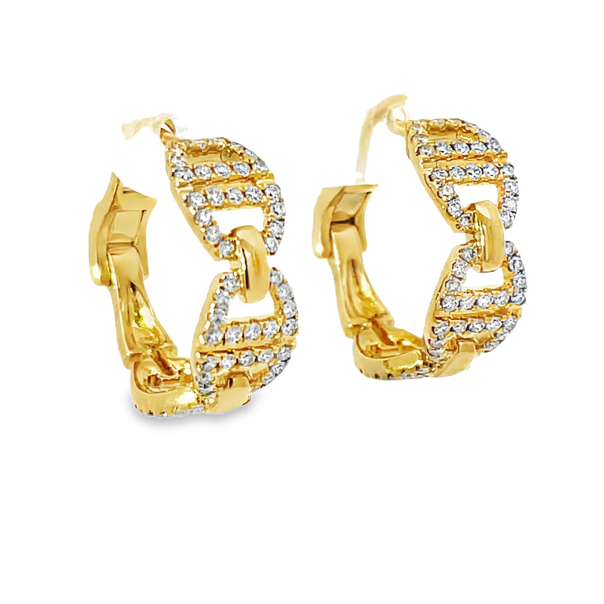Side view of 18k Yellow Gold Interlink Diamond Hoop Earrings