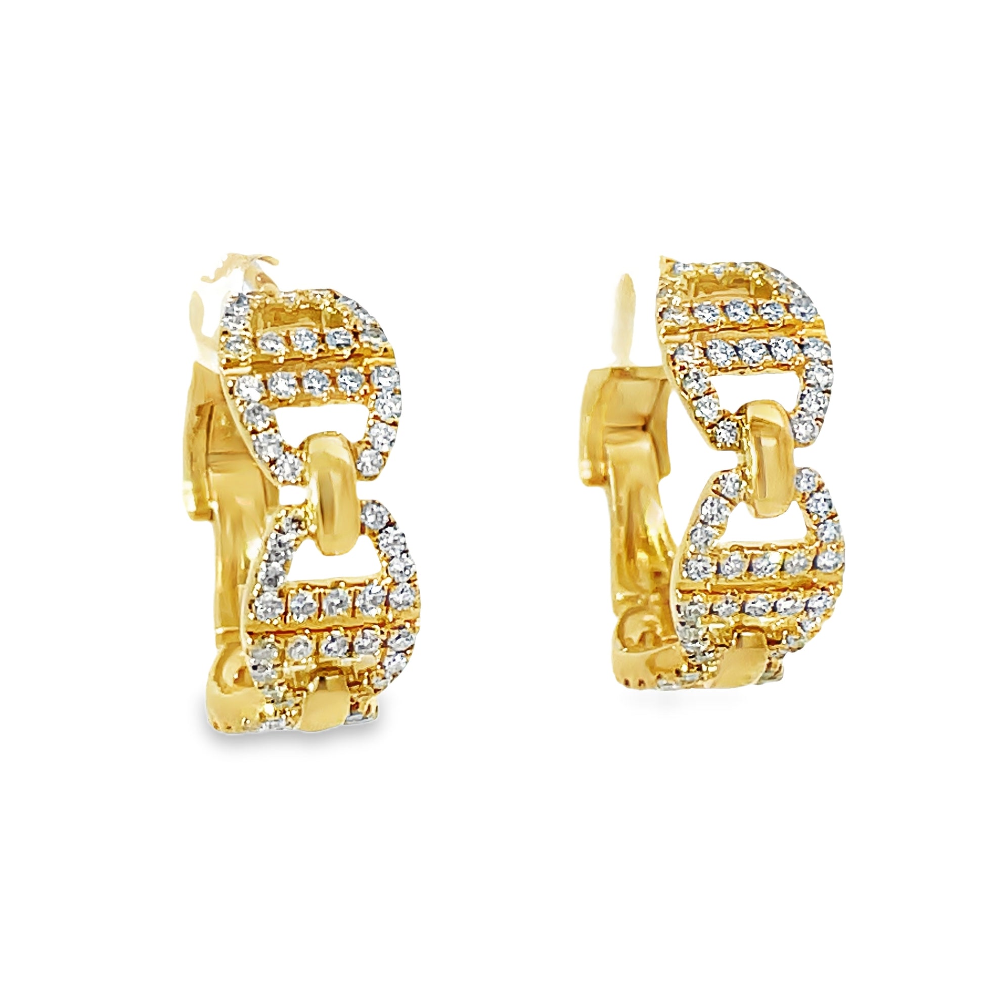 Side view of 18k Yellow Gold Interlink Diamond Hoop Earrings