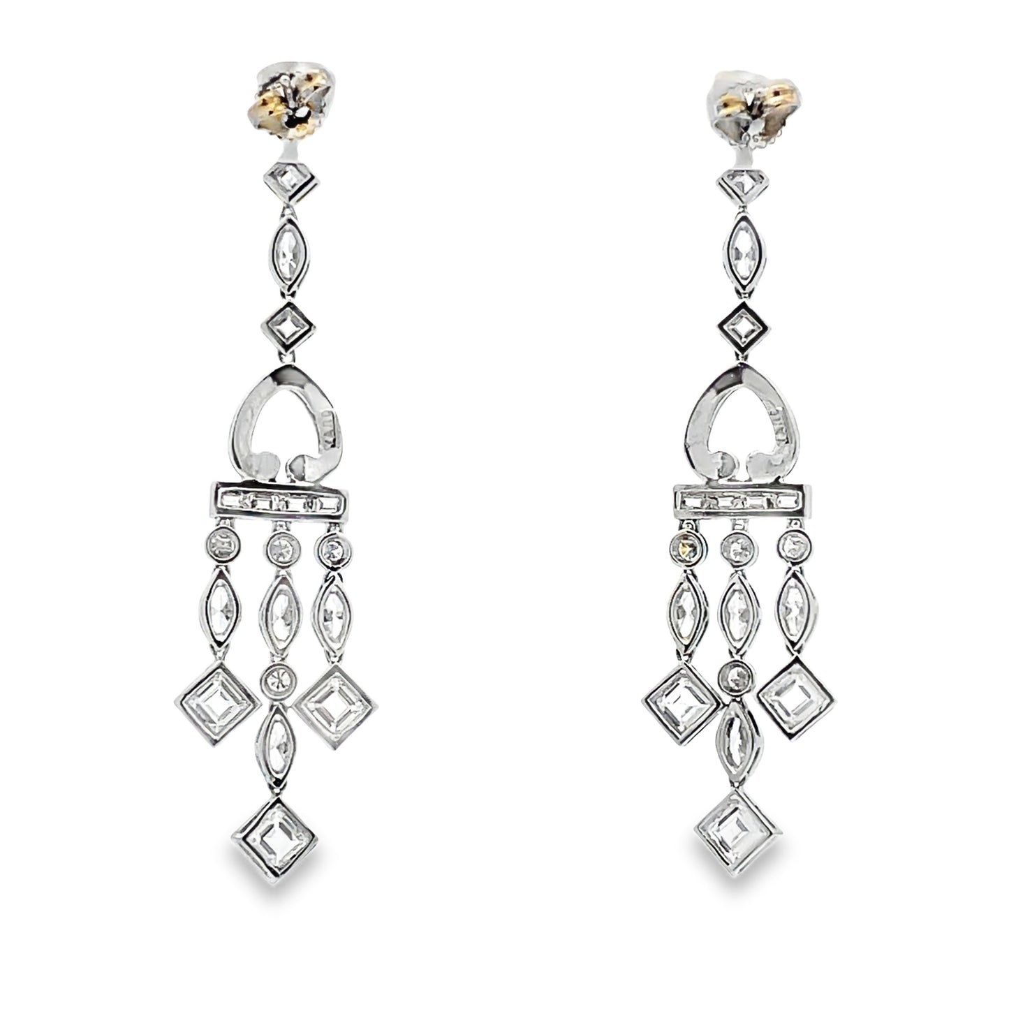 Back view of estate Raymond C. Yard 18k White Gold Art Deco Mixed Cut Diamond Chandelier Earrings 7.00 cts