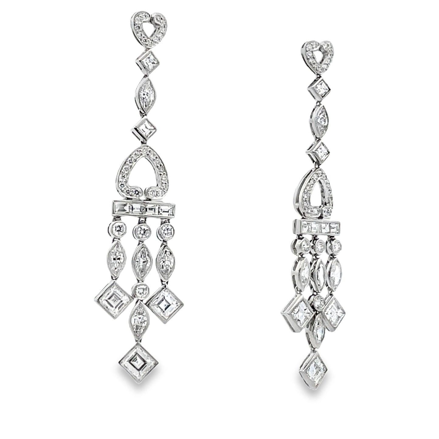 Side view of estate Raymond C. Yard 18k White Gold Art Deco Mixed Cut Diamond Chandelier Earrings 7.00 cts