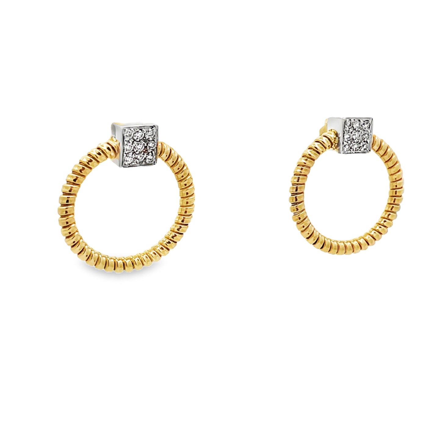 Side view of 18K Two Tone Italian Made Diamond Yellow Gold Medium Hoop Earring 