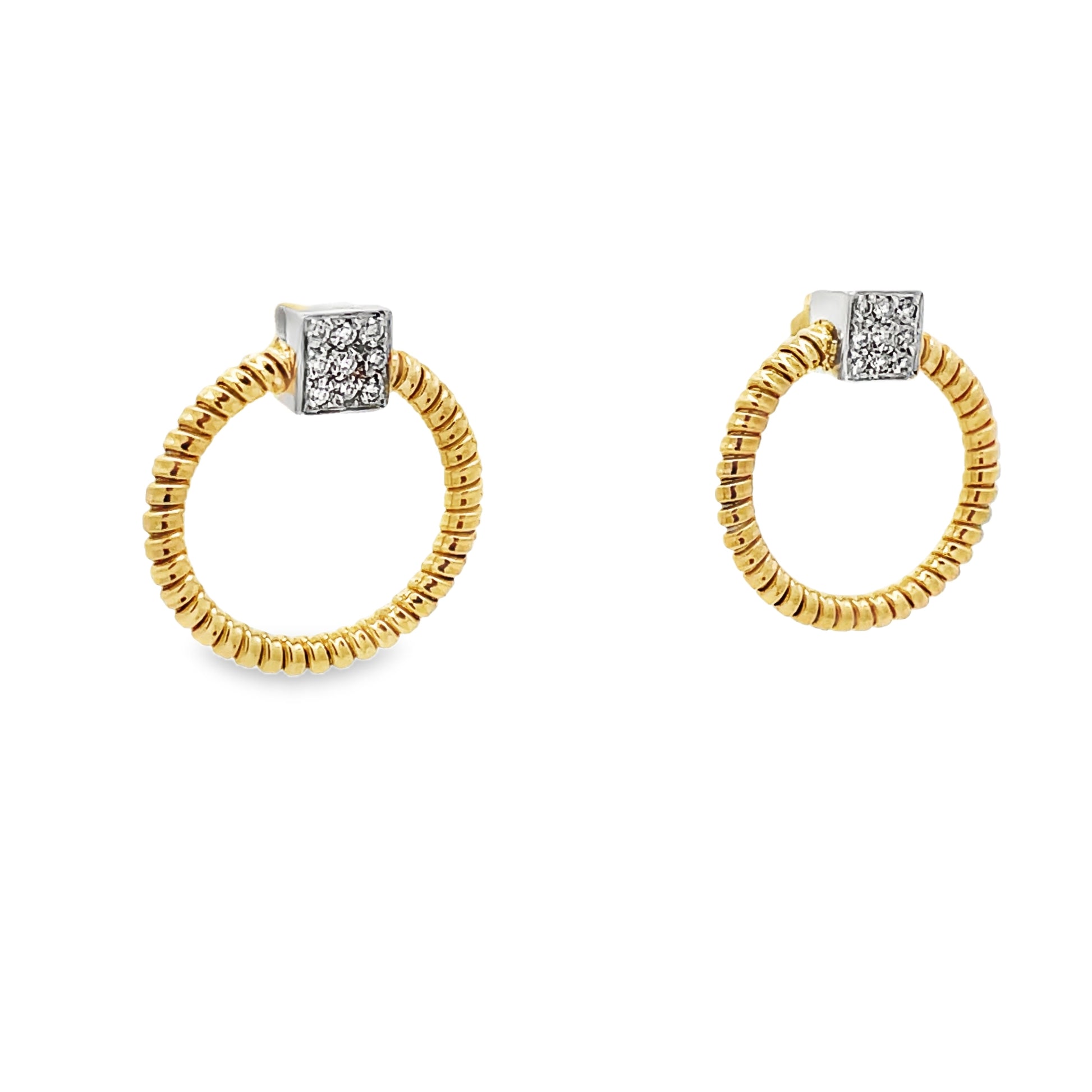 Side view of 18K Two Tone Italian Made Diamond Yellow Gold Medium Hoop Earring 