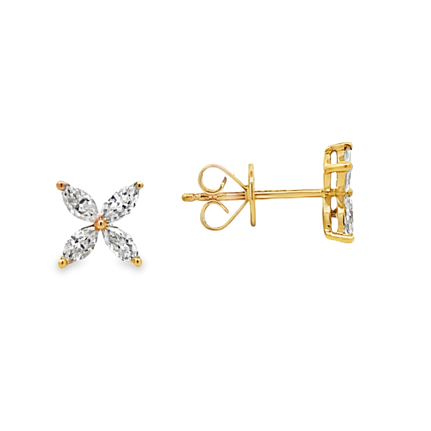 Front and side view of 18k Yellow Gold Four Marquise Diamond Stud Earrings 0.60 cts