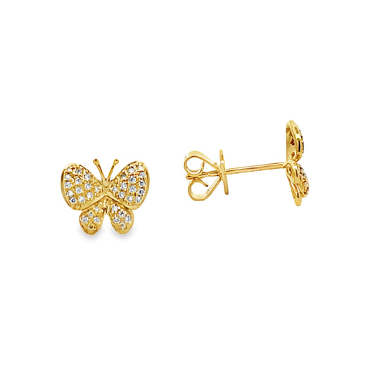 Front and side view of 18k Yellow Gold Small Diamond Butterfly Earrings