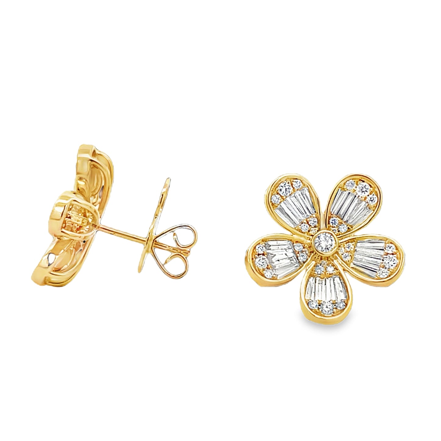 Side view of 18K Yellow Gold Small Five Petal Flower Mixed Cut Diamond Stud Earrings 1.55 cts