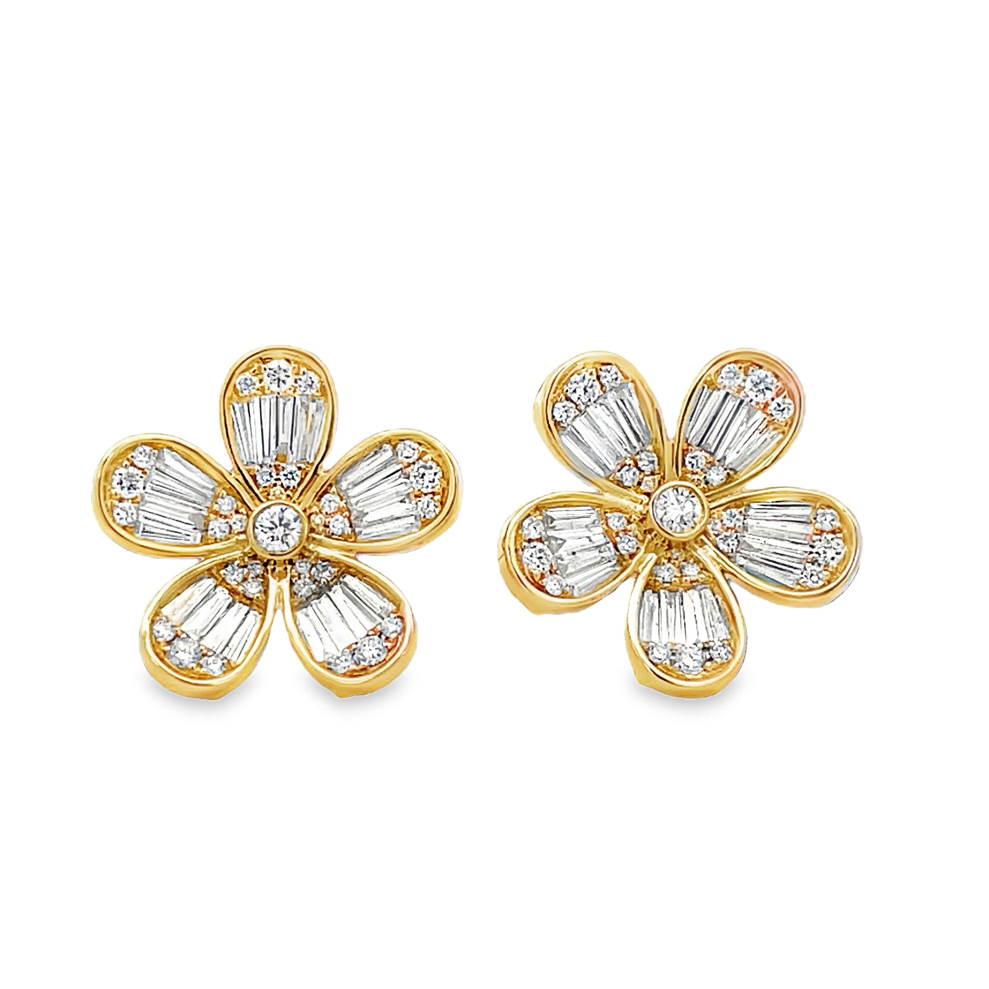 Front view of 18K Yellow Gold Small Five Petal Flower Mixed Cut Diamond Stud Earrings 1.55 cts