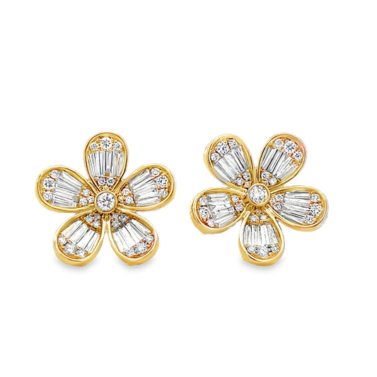 Front view of 18K Yellow Gold Small Five Petal Flower Mixed Cut Diamond Stud Earrings 1.55 cts