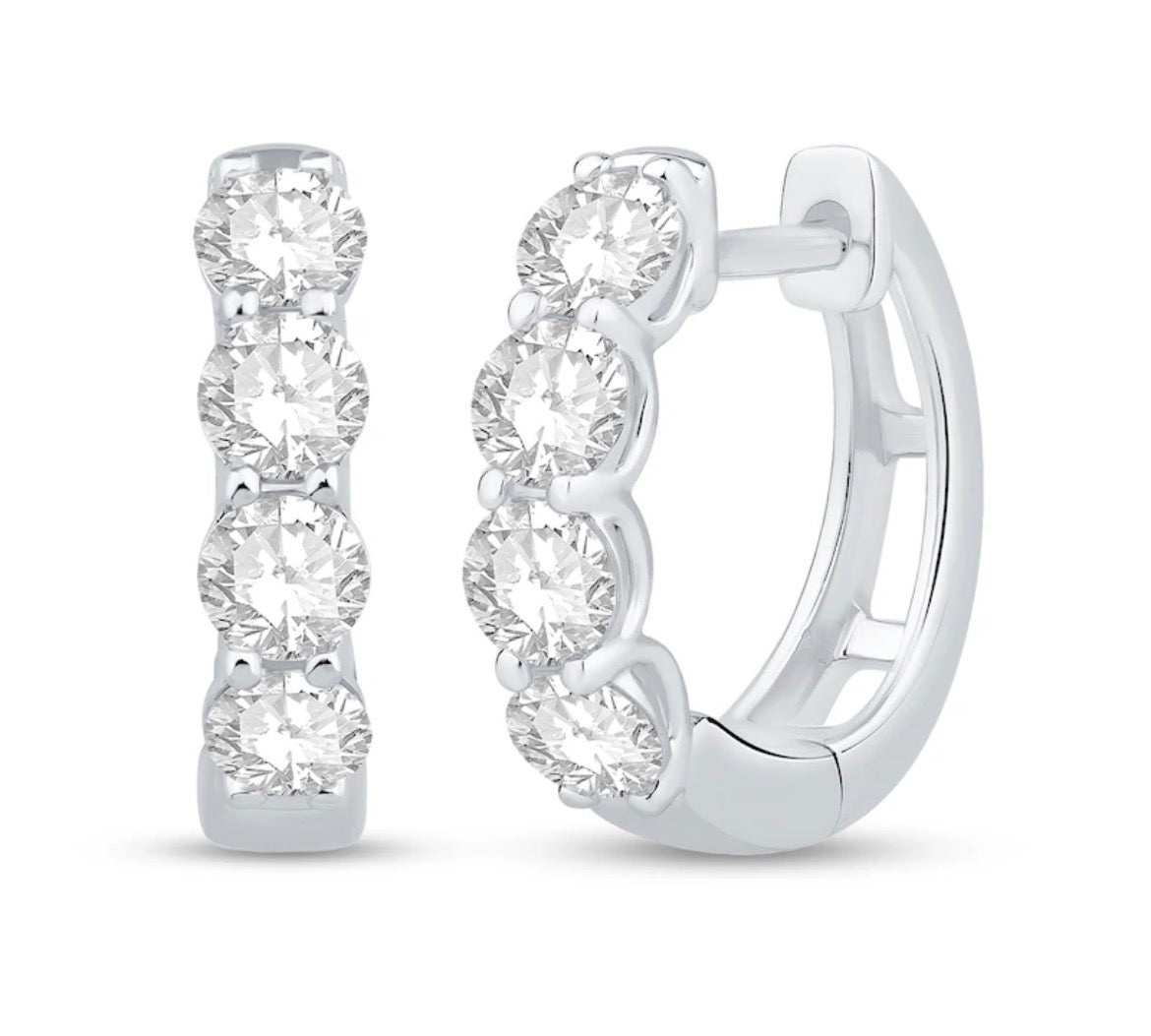 Front and side view of 18K White Gold Four Diamond Hoop Earrings 0.99 cts