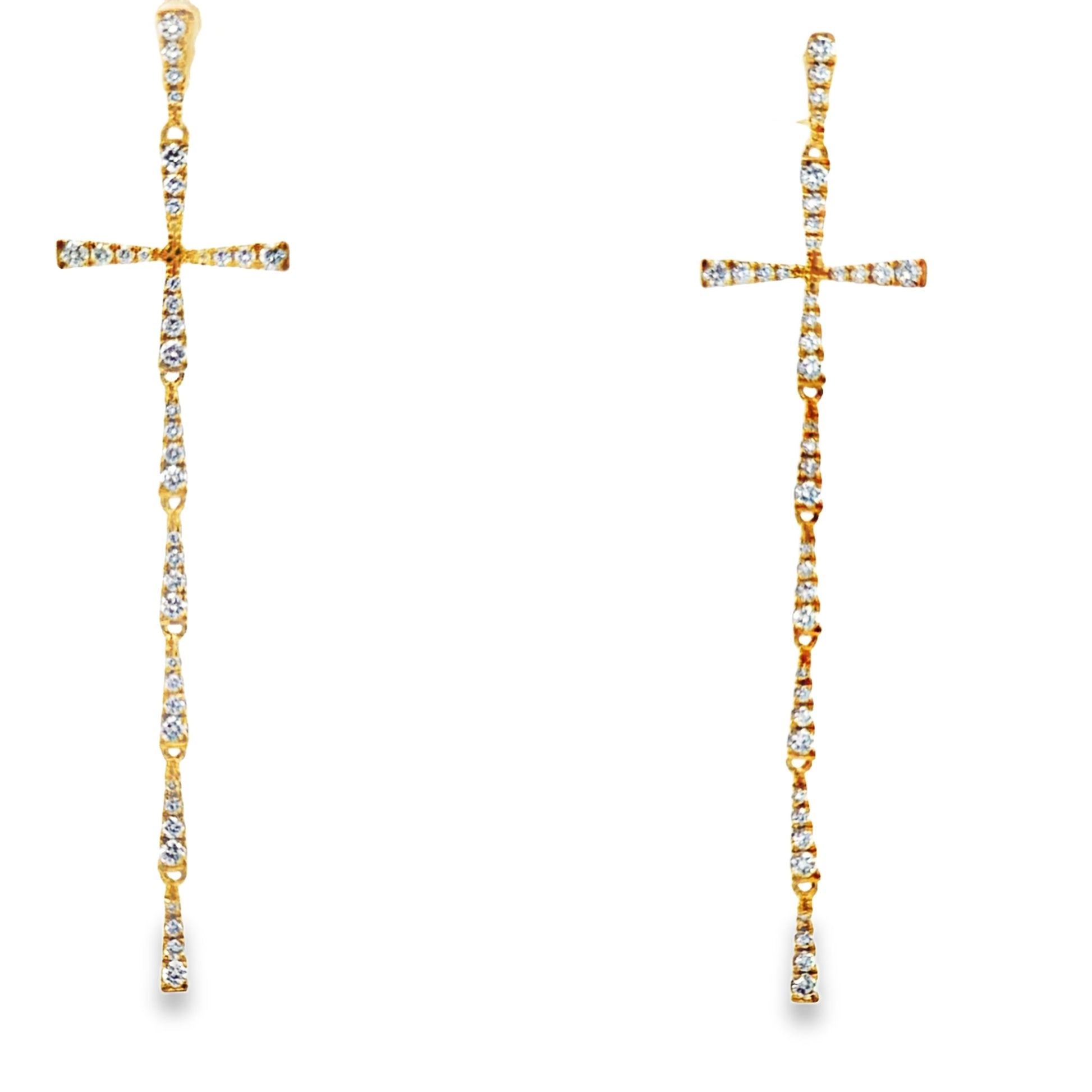 Front view of 18k Elongated Diamond Cross Drop Earrings in Yellow Gold