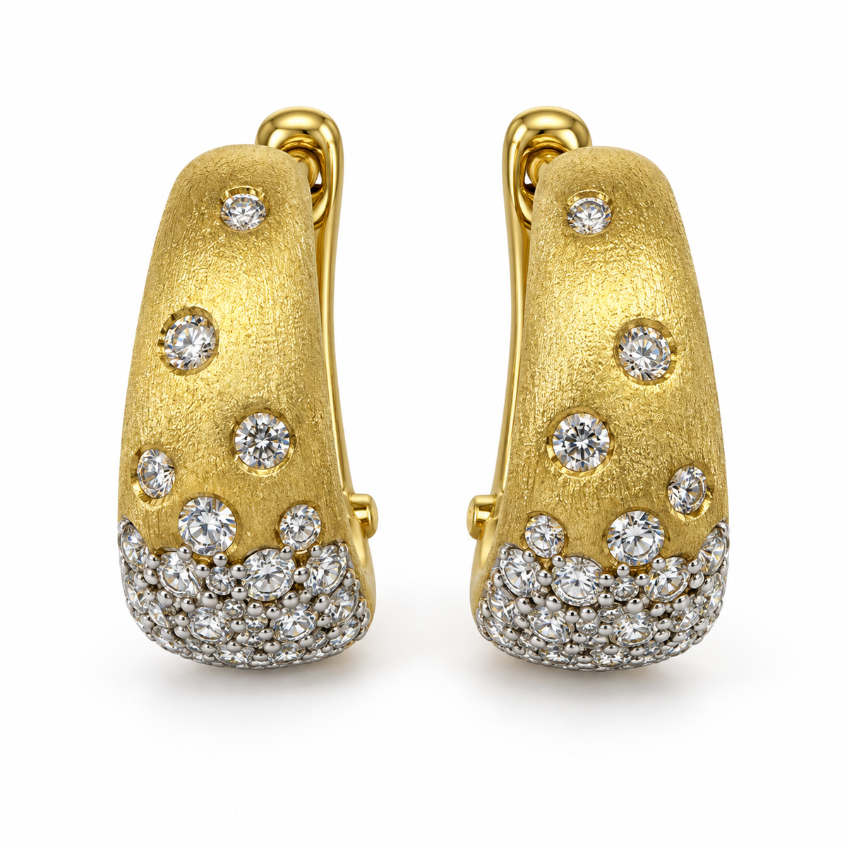 Front view of 14K Yellow Gold Diamond Huggie Earrings Matte Finish