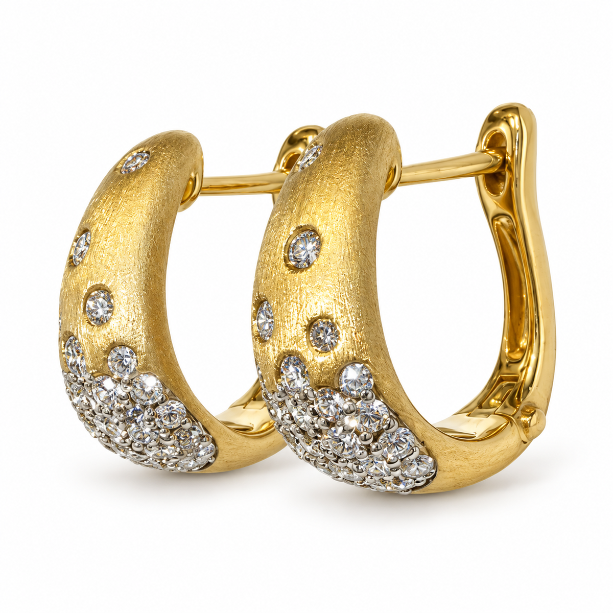 Side view of 14K Yellow Gold Diamond Huggie Earrings Matte Finish
