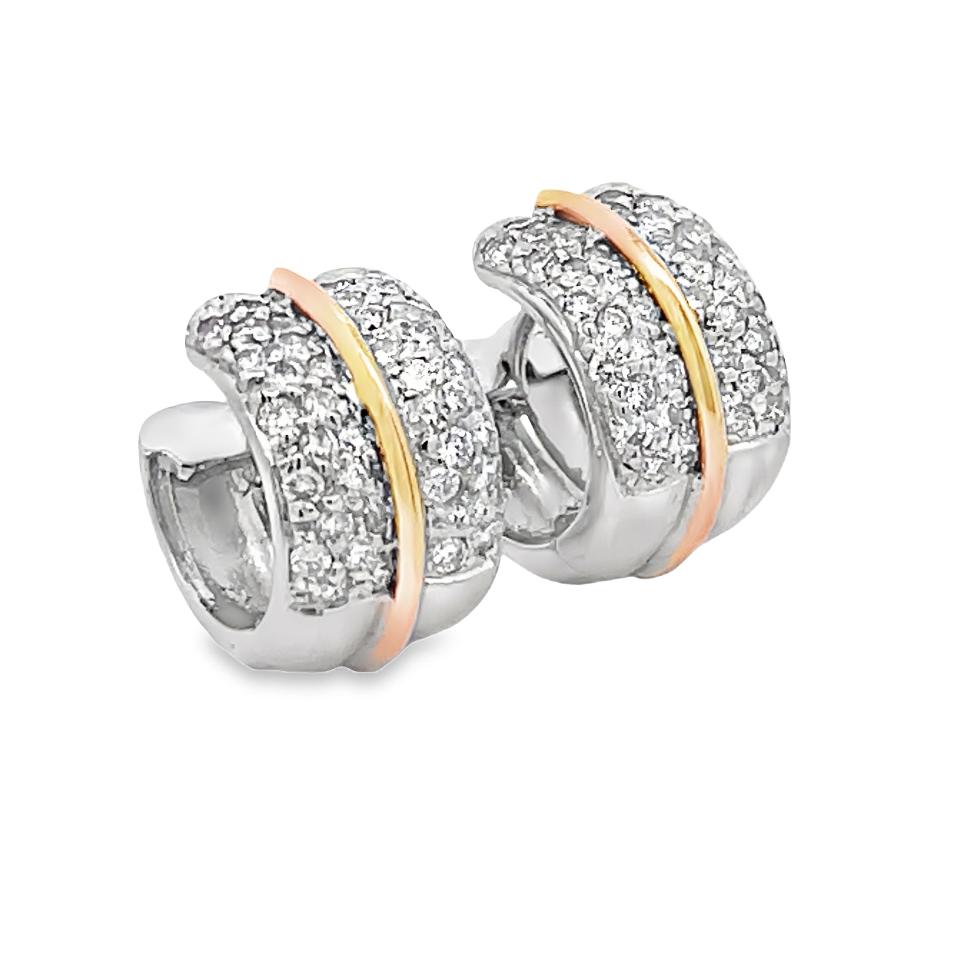 Side view of Diamond Pave Two Tone Huggie Hoops 1.78 cts