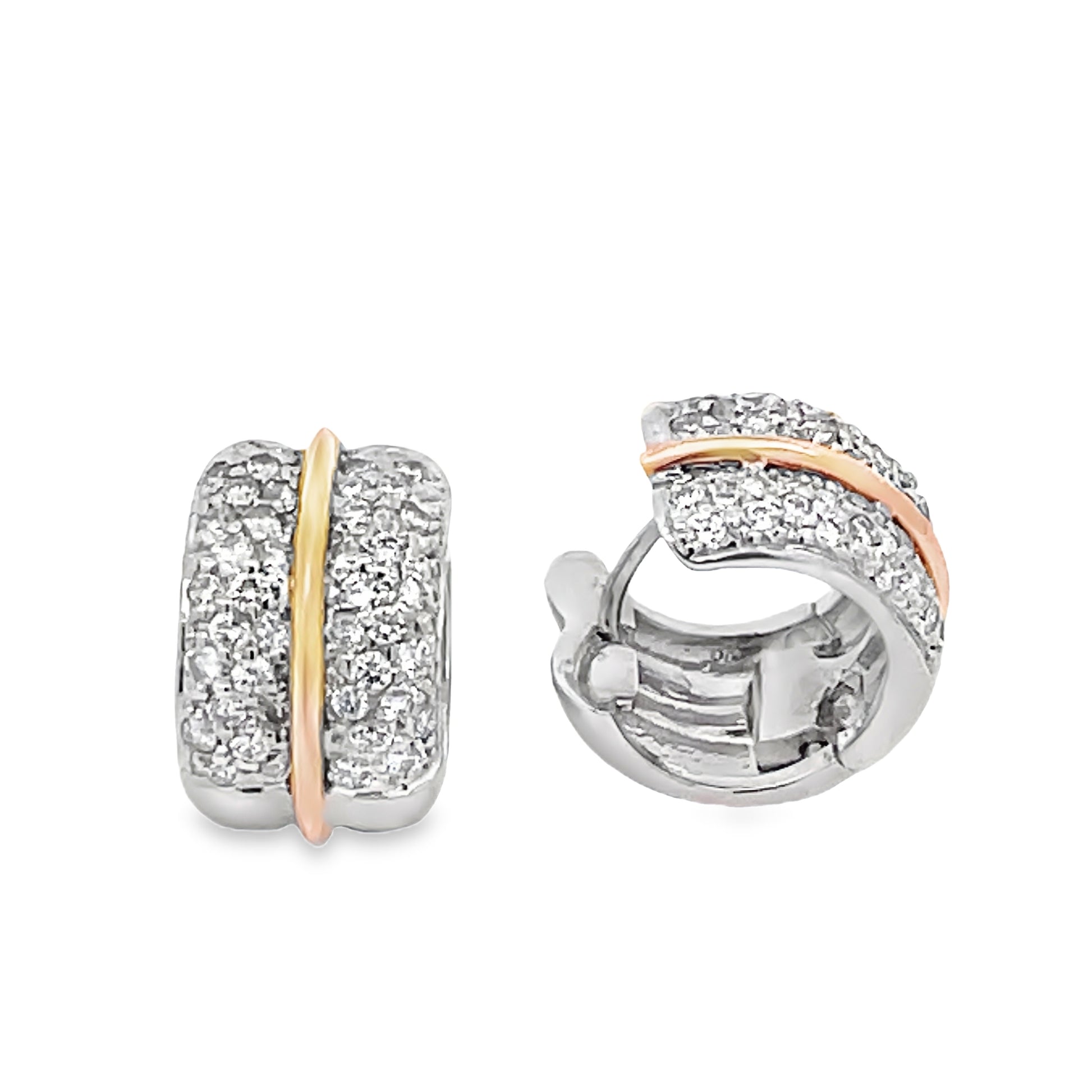 Front and side view of Diamond Pave Two Tone Huggie Hoops 1.78 cts