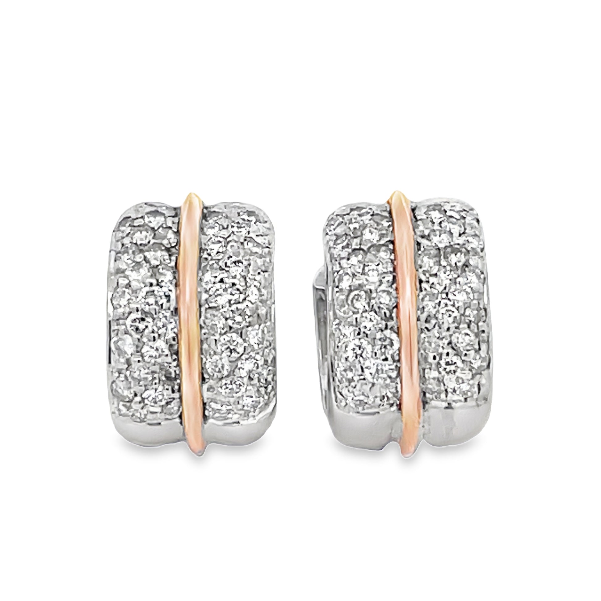 Front view of Diamond Pave Two Tone Huggie Hoops 1.78 cts