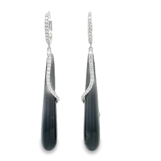 Front view of 18k White Gold Onyx Diamond Long Earrings