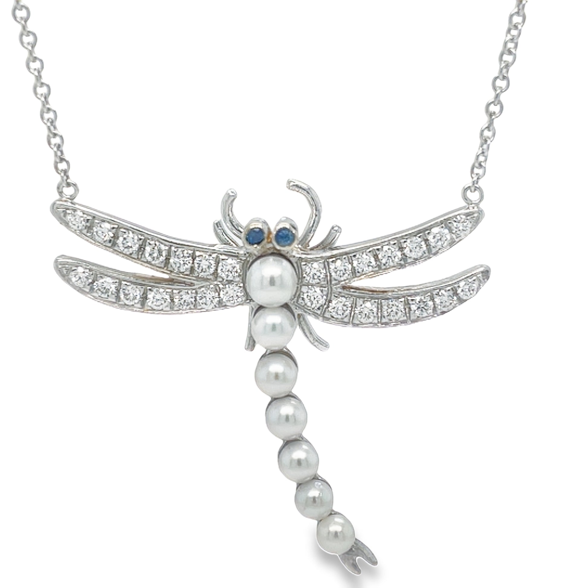 Diamond & Pearl Dragonfly Pendant Necklace Front view