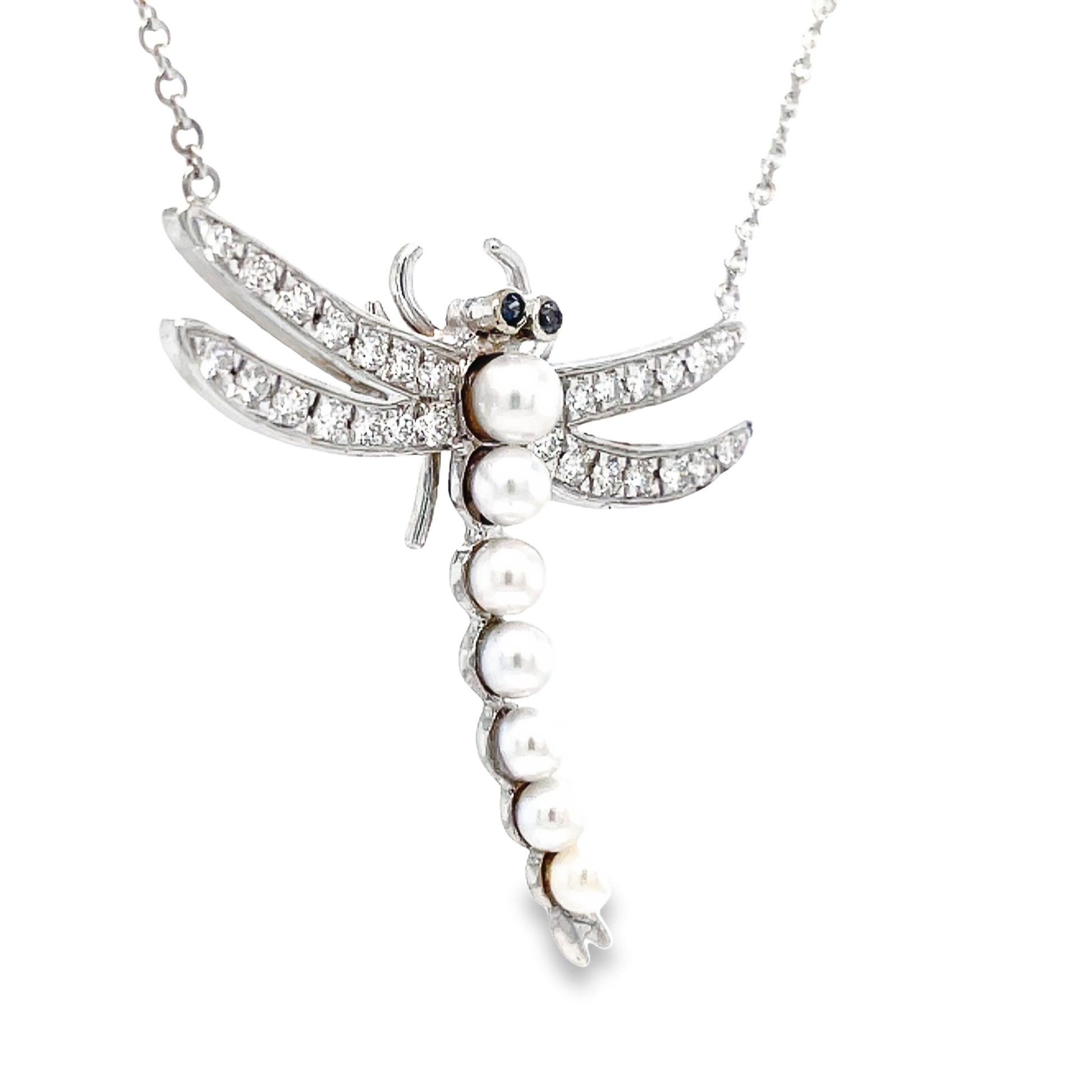 Diamond & Pearl Dragonfly Pendant Necklace Side view
