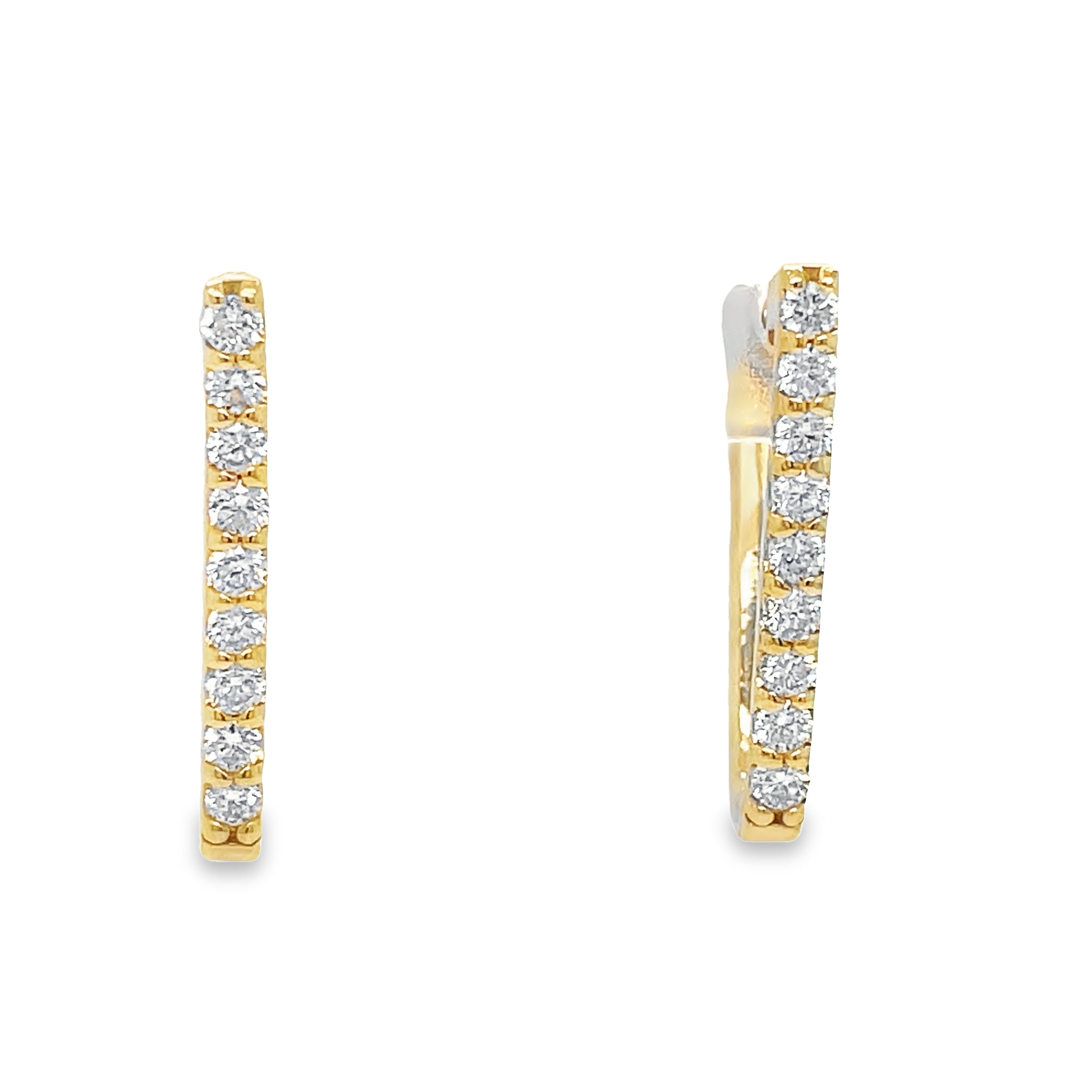 Enhance your style with these Diamond V Shape Hoop Earrings. Made of 14k yellow gold, these earrings feature a V shape design and a secure hinged system for easy wear. Adorned with 0.39 cts of round diamonds, these earrings add a touch of elegance to any outfit.