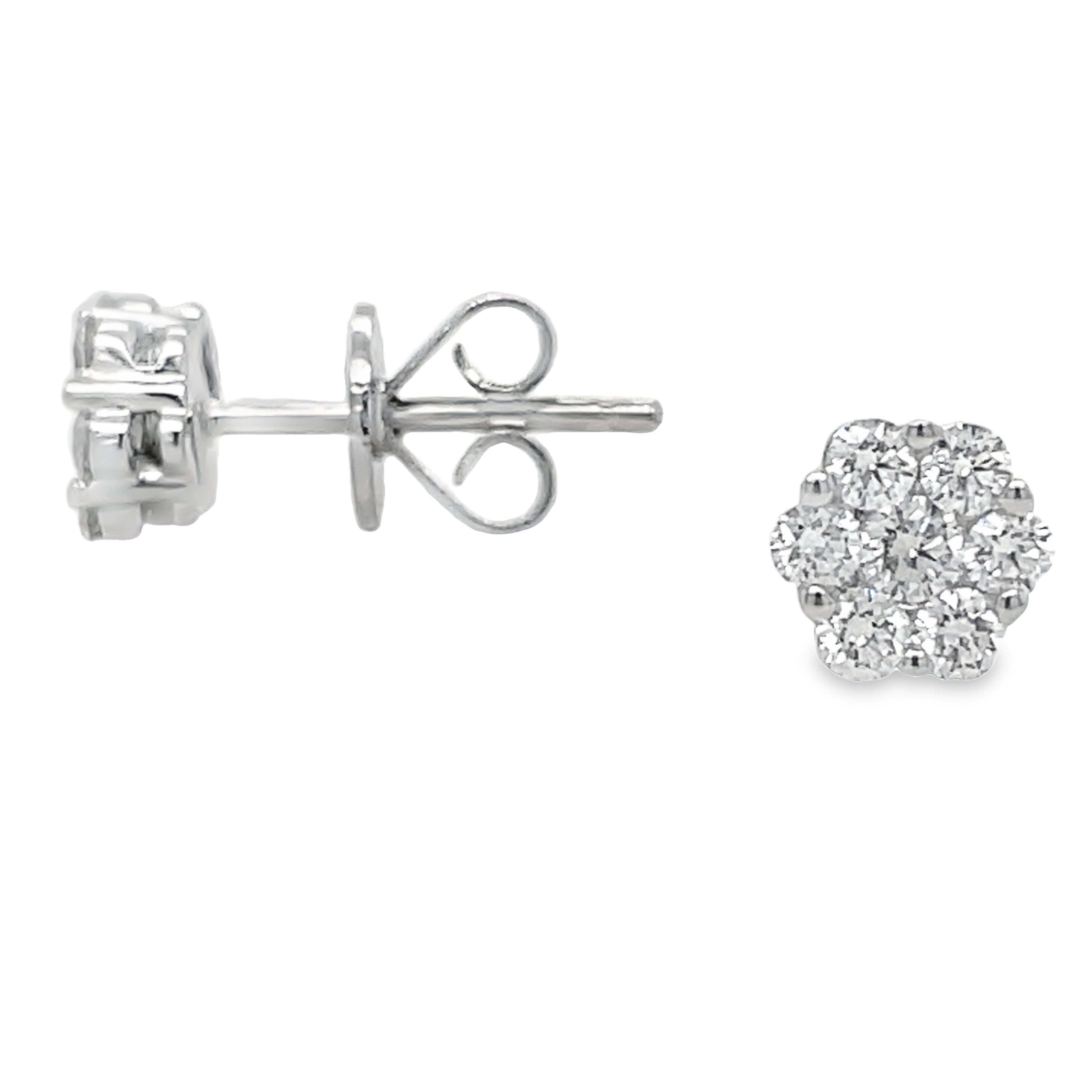 Expertly crafted with 18k white gold, these Small Diamond Stud Flower Earrings feature round diamonds totaling 0.49 cts. Secure friction backs ensure a comfortable fit for the 6.00 mm size. Elevate any outfit with this elegant and timeless accessory.