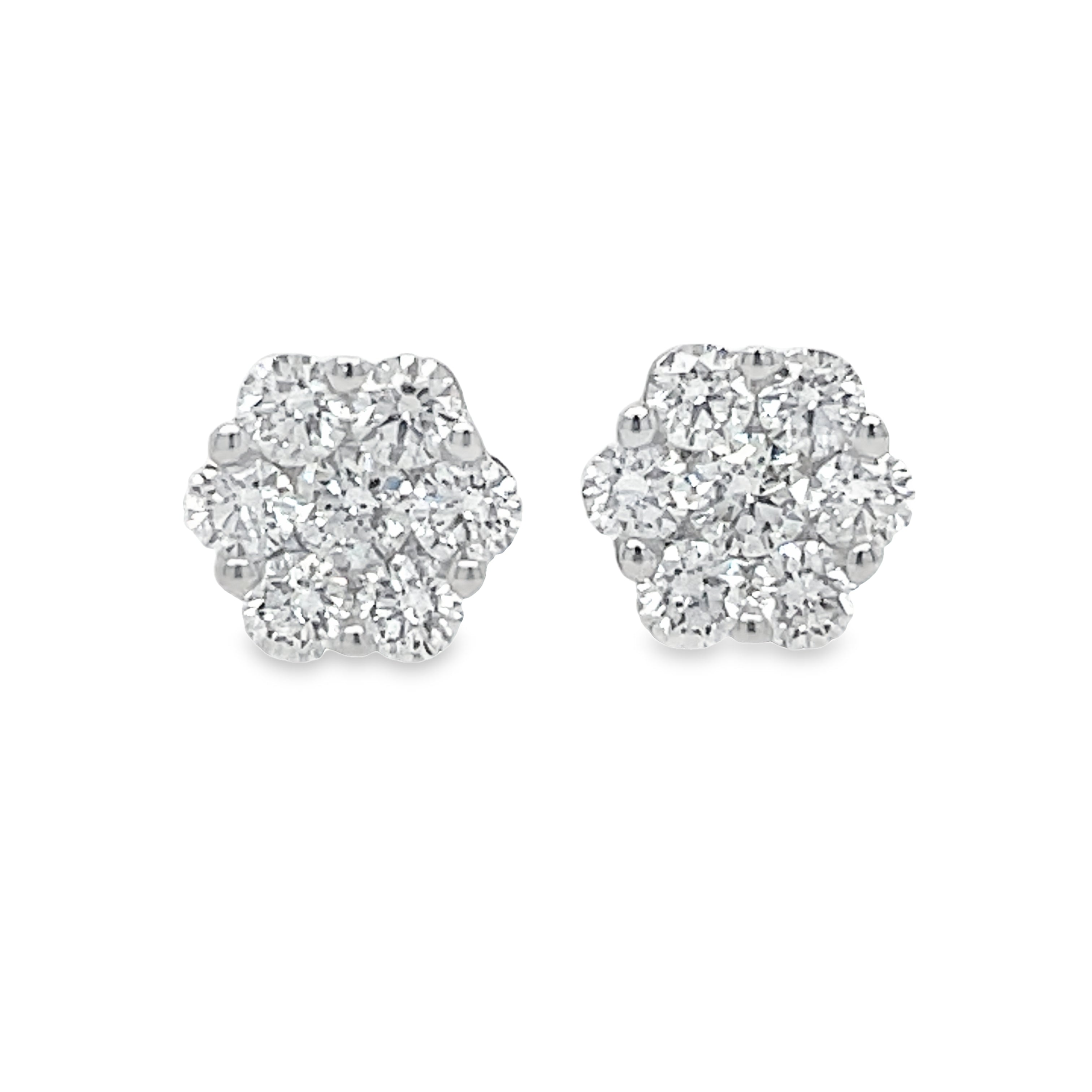 Expertly crafted with 18k white gold, these Small Diamond Stud Flower Earrings feature round diamonds totaling 0.49 cts. Secure friction backs ensure a comfortable fit for the 6.00 mm size. Elevate any outfit with this elegant and timeless accessory.