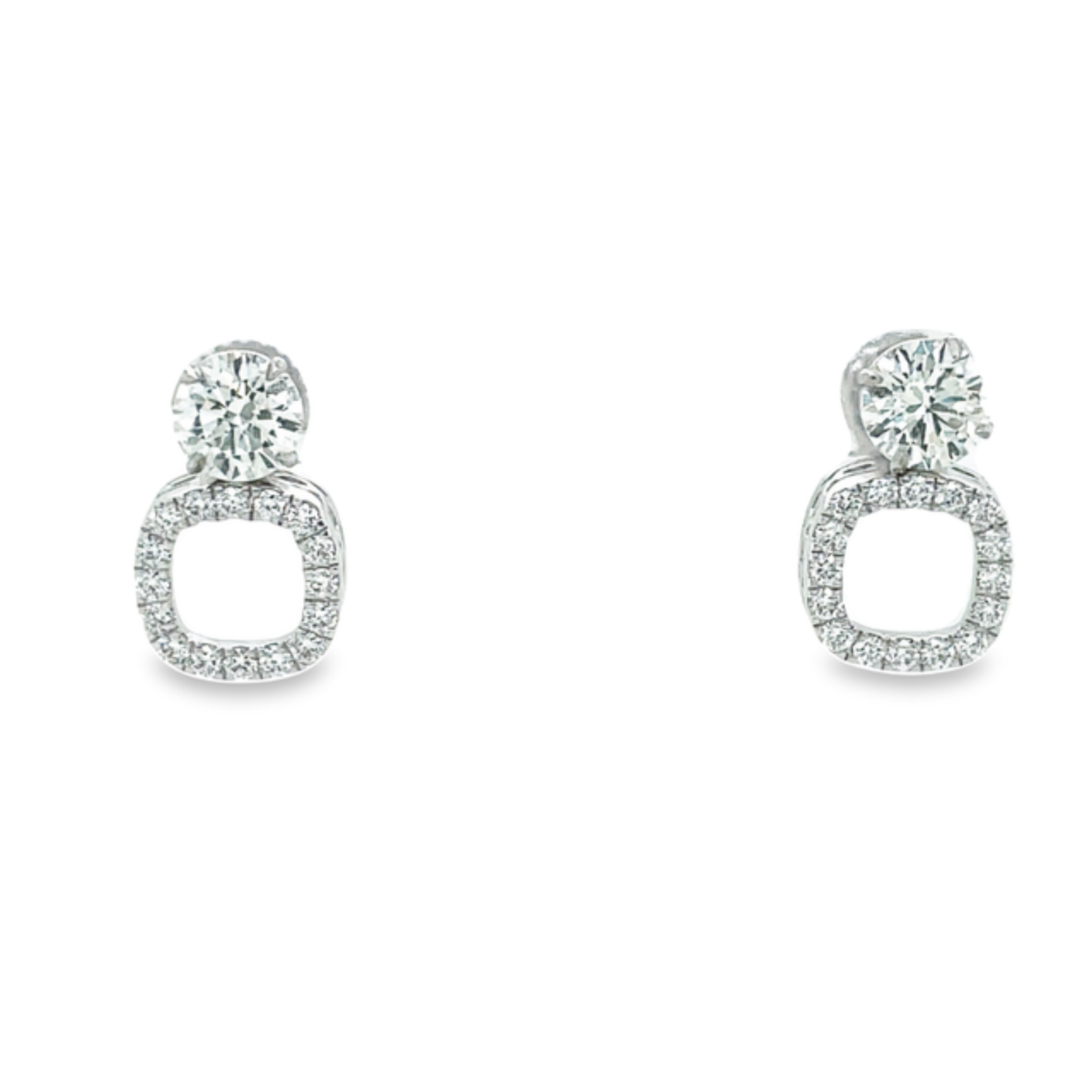 Marvel in the majestic beauty of these 14k white gold earring jackets. Their bold 12.00 x 12.00 mm square shape is accentuated with F/G grade round diamonds that twinkle with 0.75 cts. The diamond square removable jackets are a must-have addition to your jewelry collection! (Diamond studs not included.)