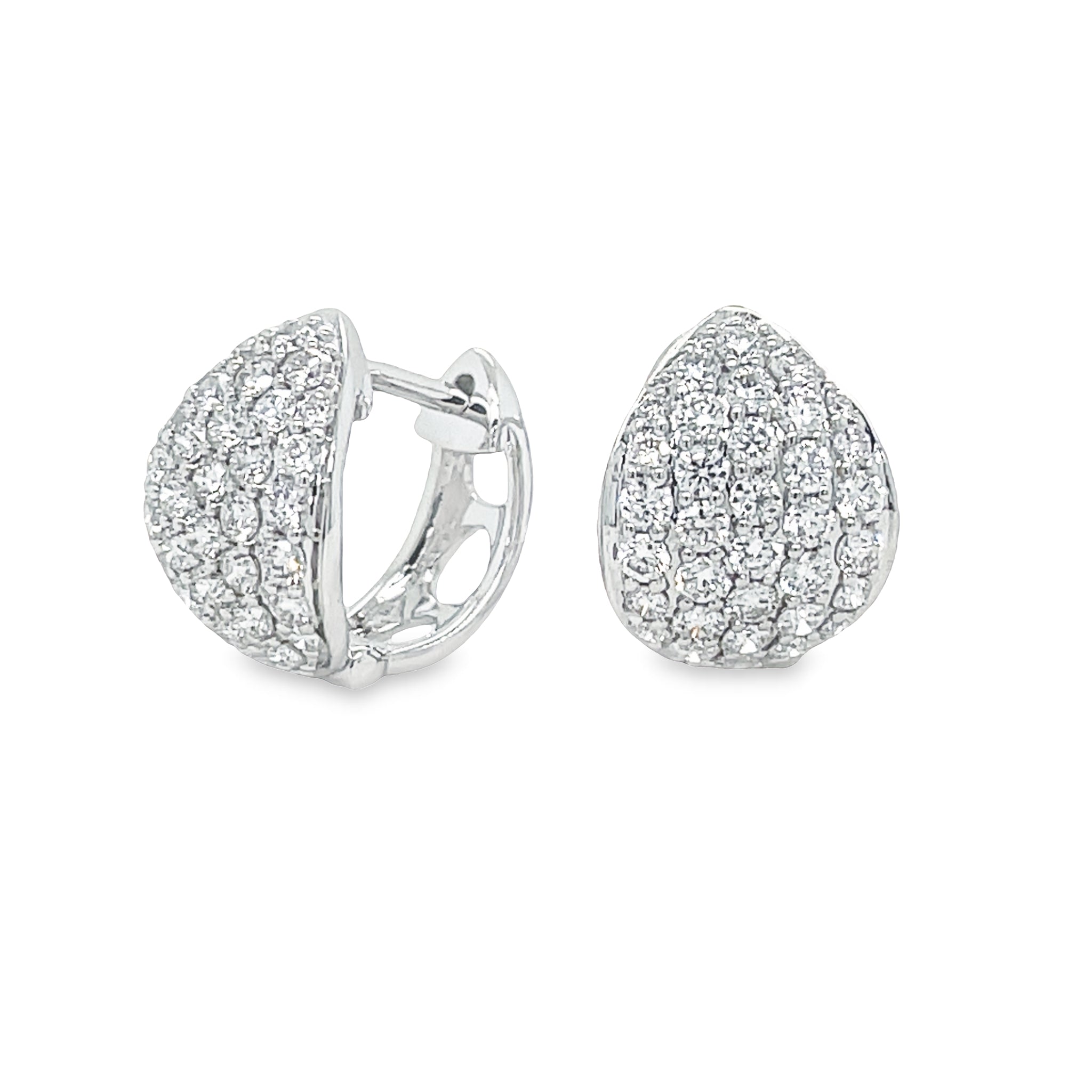Glamorize your look with these stunning Drop Shape Diamond Huggies. Crafted with 18k white gold and 0.87 cts of pave diamond, they will sparkle with every move you make and be the perfect finishing touch to any outfit!