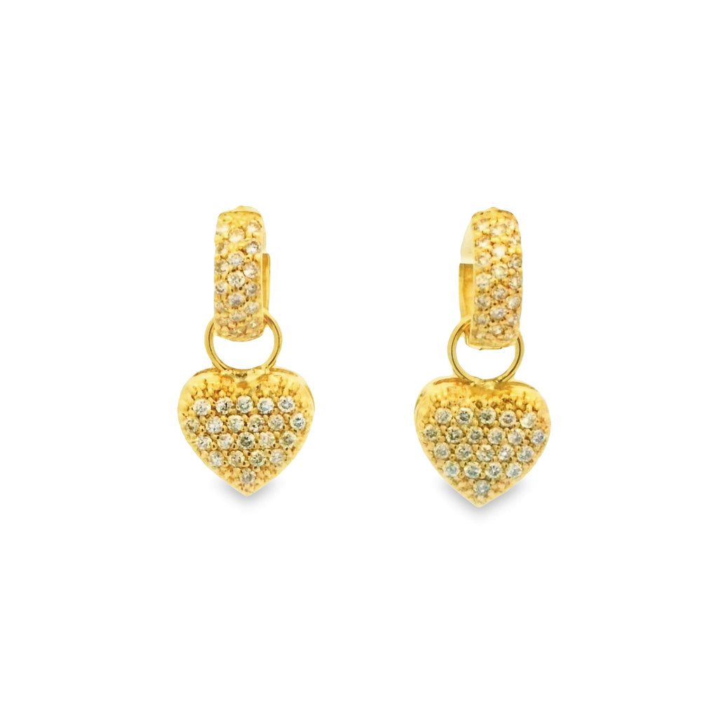 Elevate your style with these stunning huggie earrings! Crafted from 18k yellow gold and encrusted with 1.30 cts of sparkling diamonds with hearts hanging these dazzling earrings will sparkle and shine on any occasion. You'll turn heads with these elegant diamond studs! 