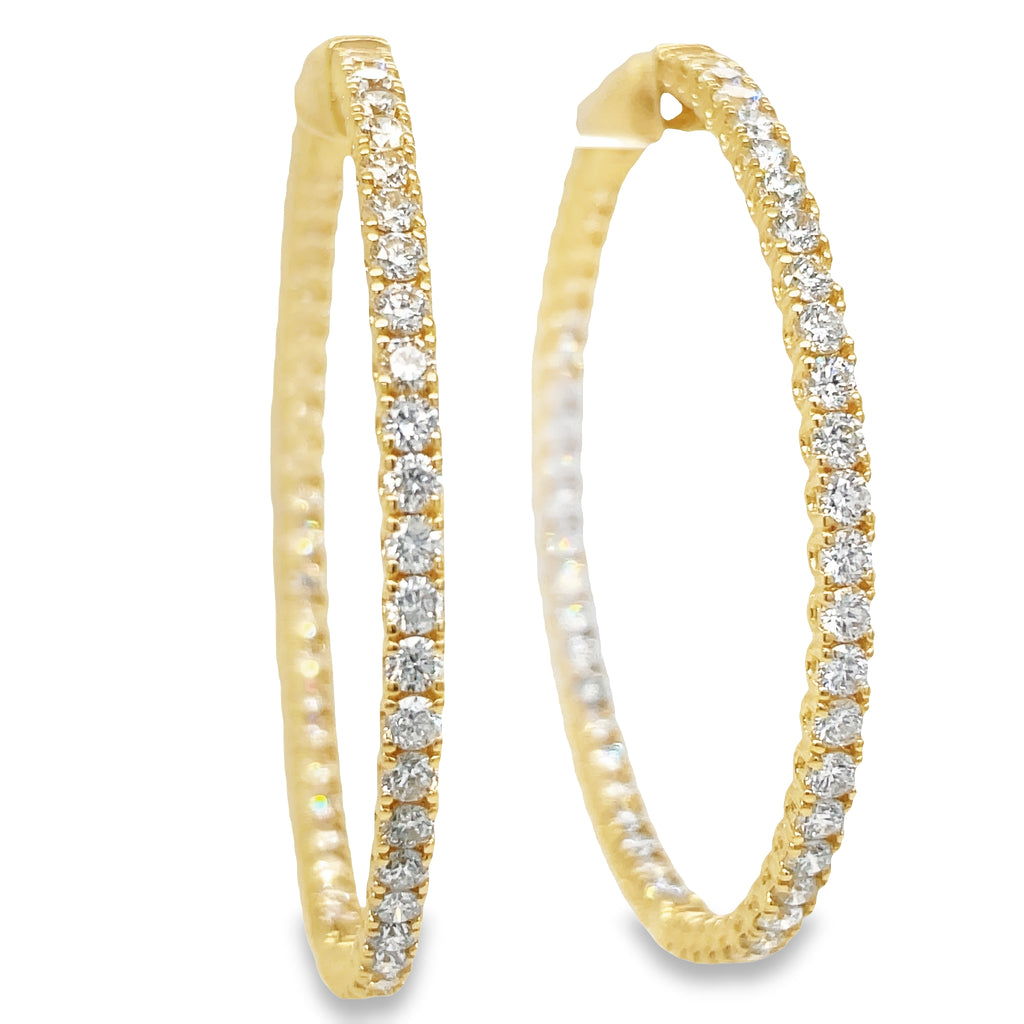 These Large Hoop Earrings feature 5.25 ct Round diamonds of F/G color and VS1 clarity. The hoops are 3.00 mm thick and 2" long, crafted from 14k yellow gold with a secure lock clasp. Lever back system ensures the earrings are easy to put on and take off.