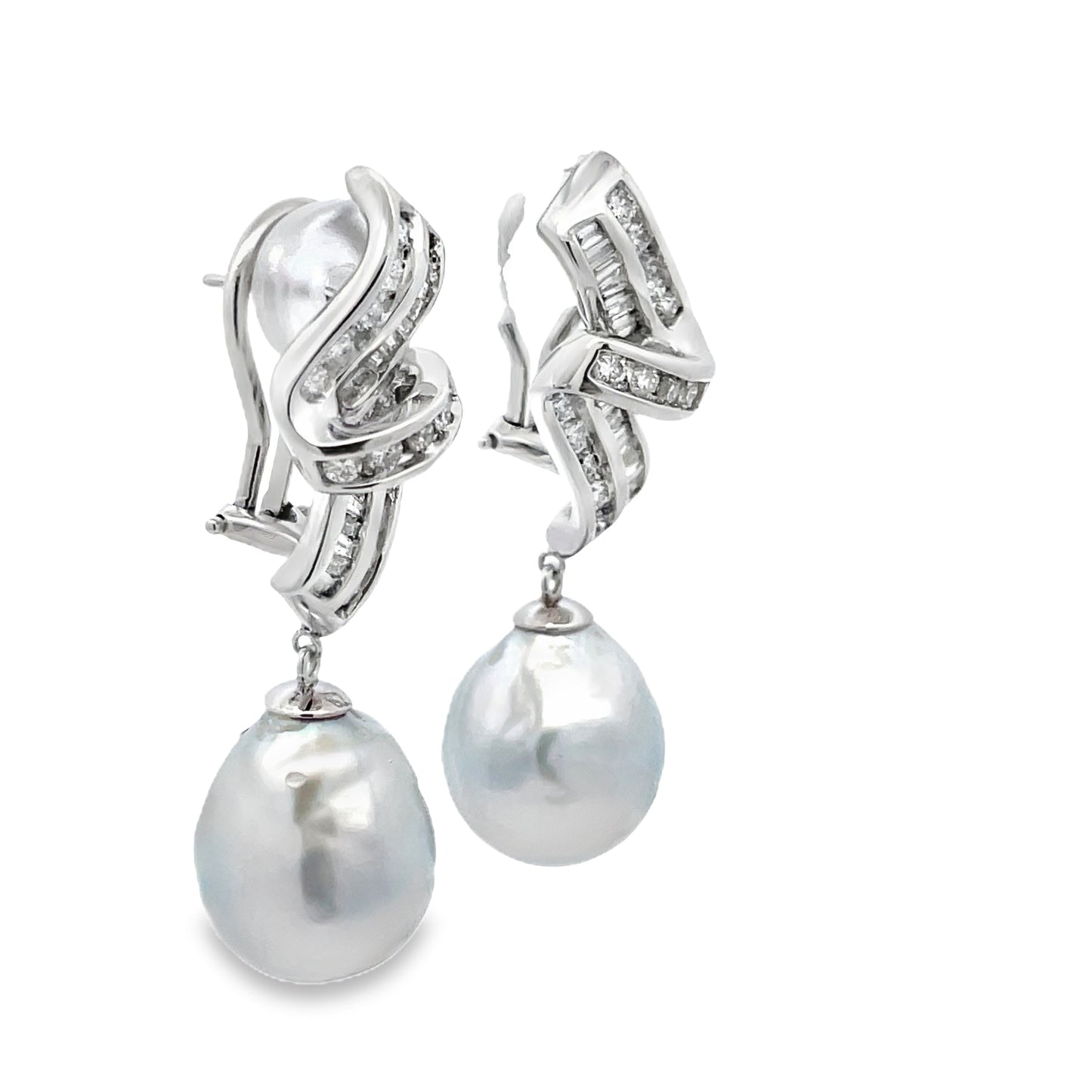 Side view of 14k White Gold Diamond Drop Baroque South Seas Gray Pearl Earrings 13.50 mm 